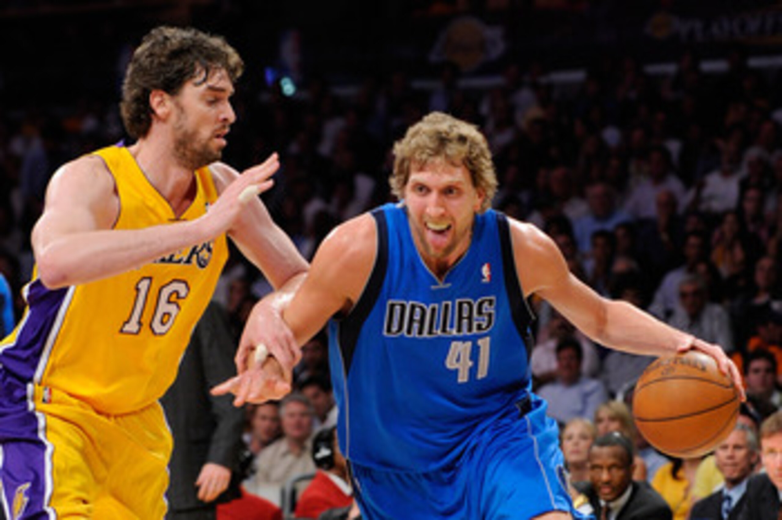 LOS ANGELES, CA - MAY 04:  Dirk Nowitzki #41 of the Dallas Mavericks drives on Pau Gasol #16 of the Los Angeles Lakers in the first quarter in Game Two of the Western Conference Semifinals in the 2011 NBA Playoffs at Staples Center on May 4, 2011 in Los A