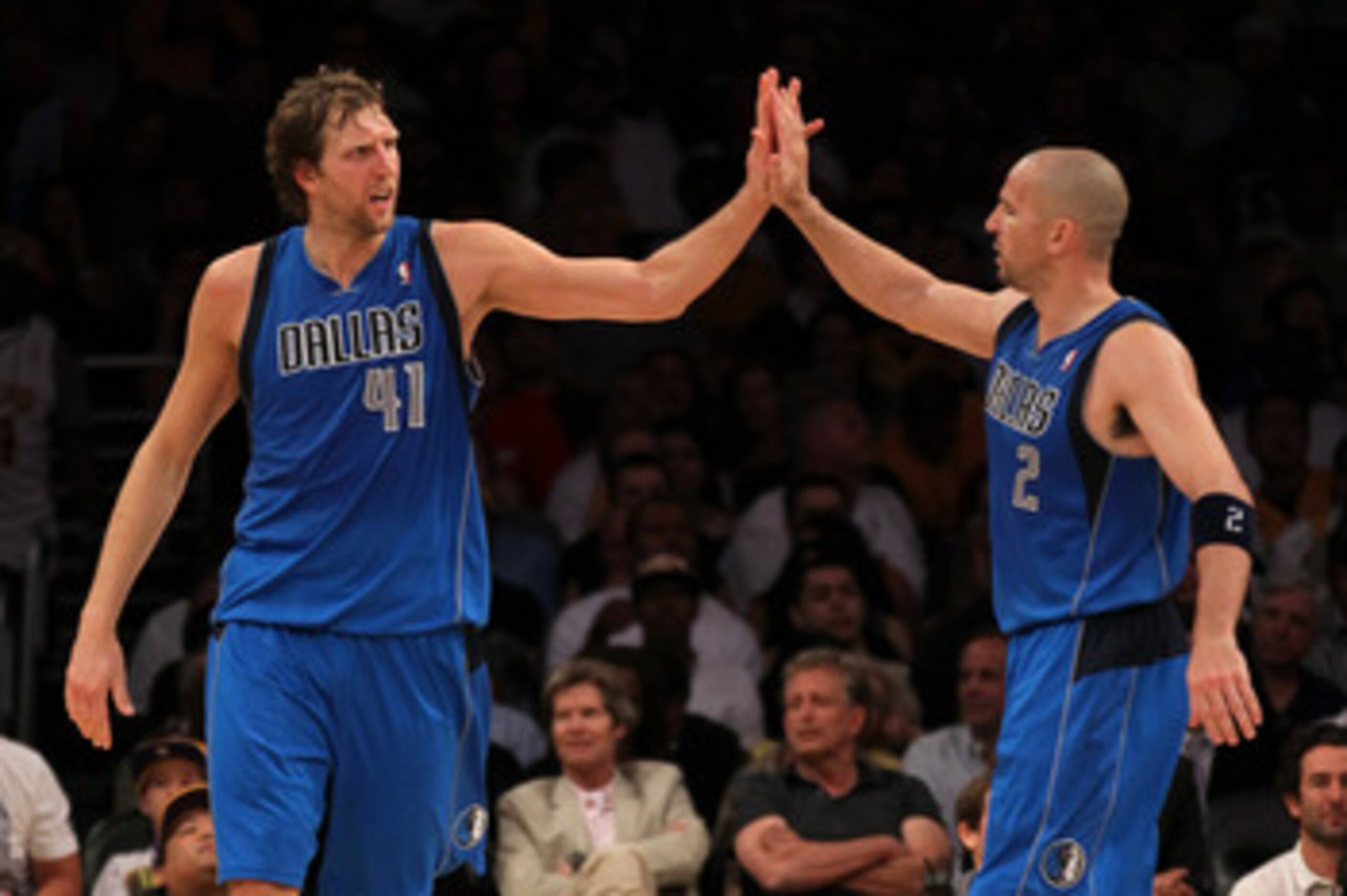 LOS ANGELES, CA - MAY 04:  Dirk Nowitzki #41 and Jason Kidd #2 of the Dallas Mavericks celebrate late in the fourth quarter while taking on the Los Angeles Lakers in Game Two of the Western Conference Semifinals in the 2011 NBA Playoffs at Staples Center 