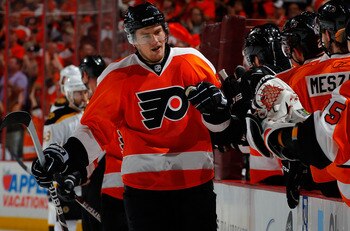 PHILADELPHIA, PA - MAY 02:  James van Riemsdyk #21 of the Philadelphia Flyers celebrates his goal against the Boston Bruins during the first period of Game Two of the Eastern Conference Semifinals during the 2011 NHL Stanley Cup Playoffs at Wells Fargo Ce