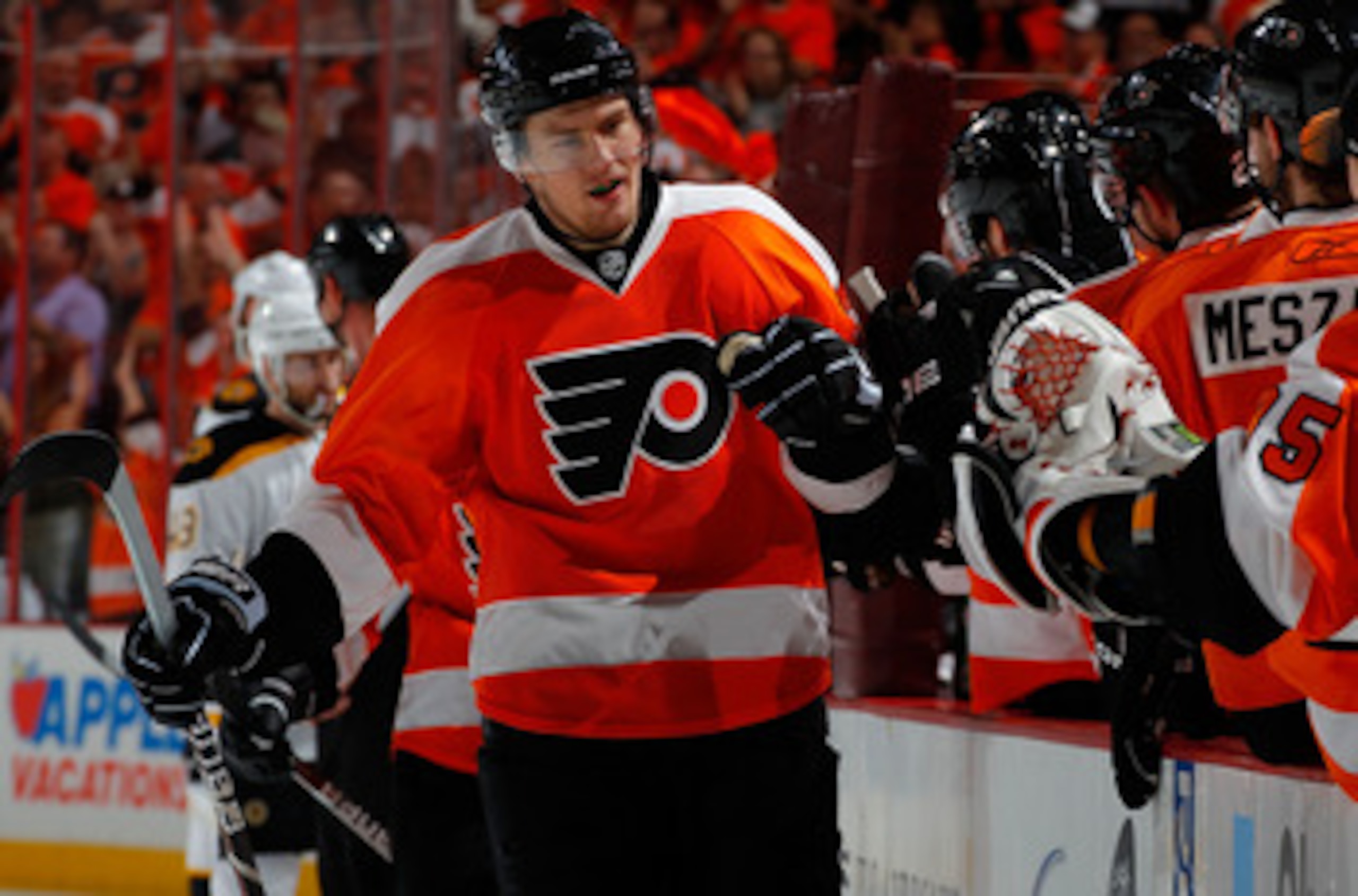 PHILADELPHIA, PA - MAY 02:  James van Riemsdyk #21 of the Philadelphia Flyers celebrates his goal against the Boston Bruins during the first period of Game Two of the Eastern Conference Semifinals during the 2011 NHL Stanley Cup Playoffs at Wells Fargo Ce