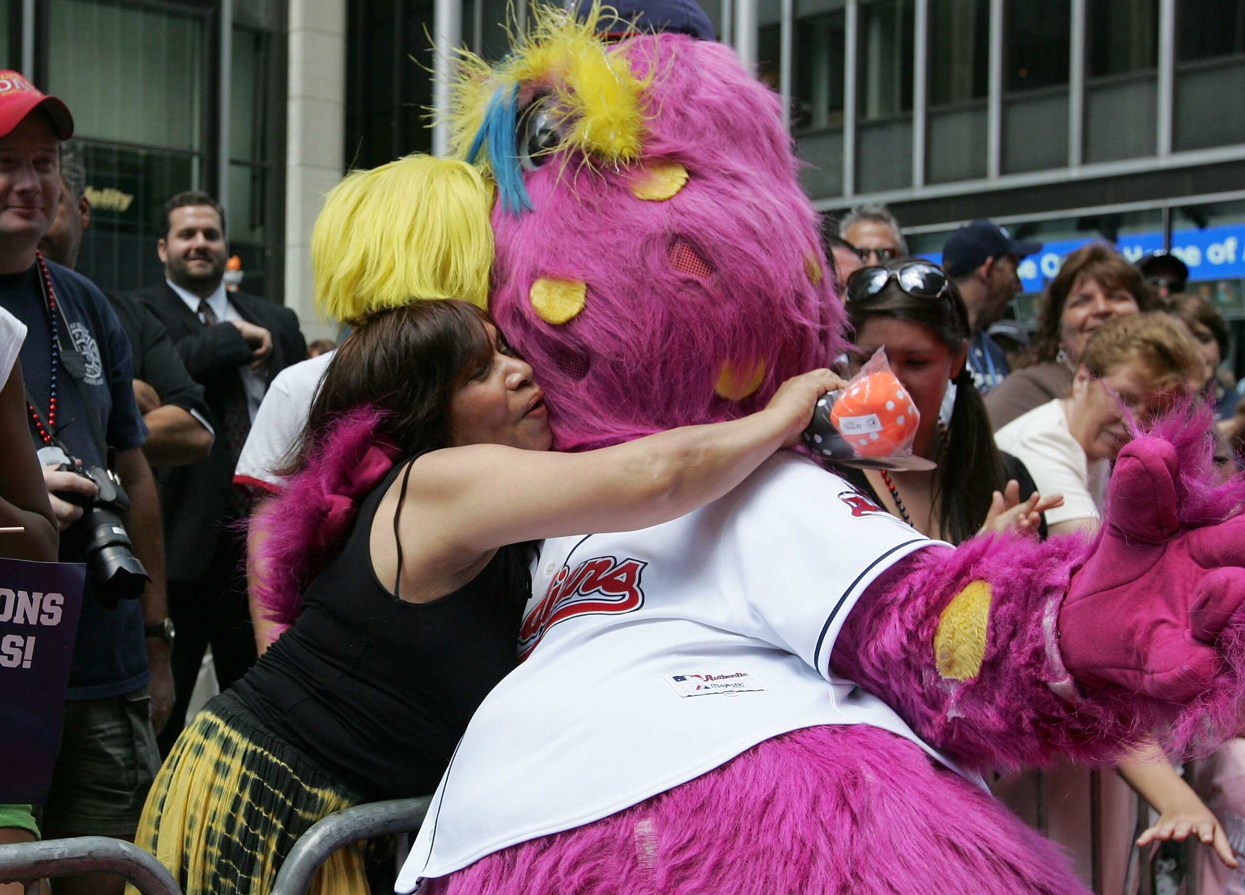 NEW YORK - JULY 15: Slider the mascot for the Cleveland Indians and fan during the MLB All-Star Game Red Carpet Parade on July 15, 2008 in New York City.  (Photo by Mike Stobe/Getty Images)