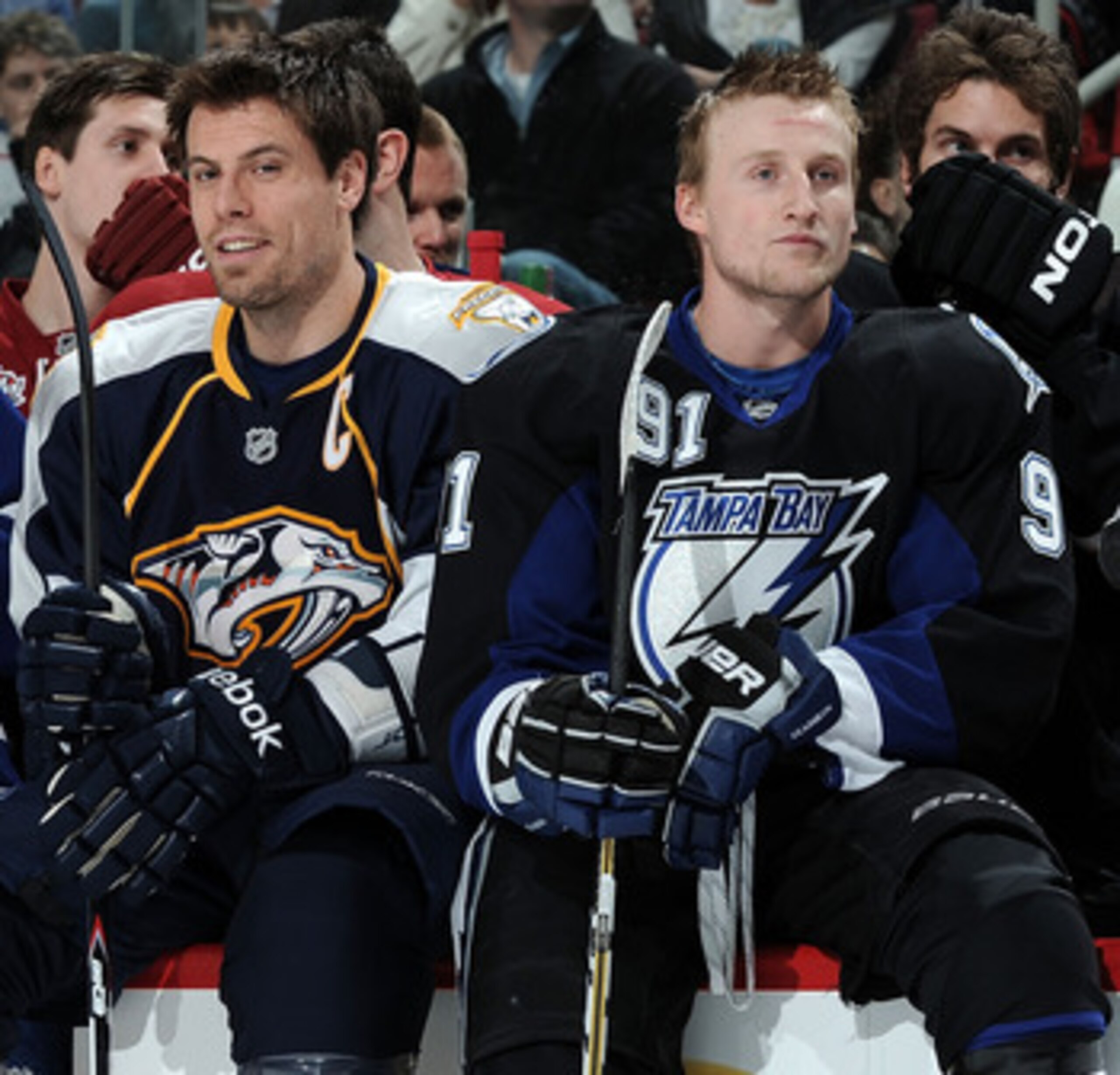RALEIGH, NC - JANUARY 29:  Phil Kessel #81 of the Toronto Maple Leafs, Shea Weber #6 of the Nashville Predators and Steven Stamkos #91 of the Tampa Bay Lightning look on during the Honda NHL SuperSkills competition part of 2011 NHL All-Star Weekend at the