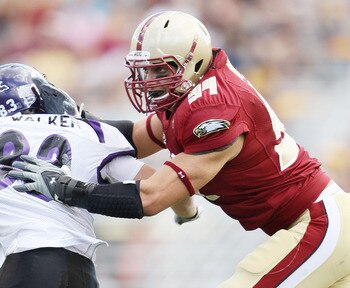 CHESTNUT HILL, MA - SEPTEMBER 04:  Mark Herzlich #94 of the Boston College Eagles blocks Erik Walker #83 of the Weber State Wildcats on September 4, 2010 at Alumni Stadium in Chestnut Hill, Massachusetts. Boston College defeated Weber State 38-20.  (Photo