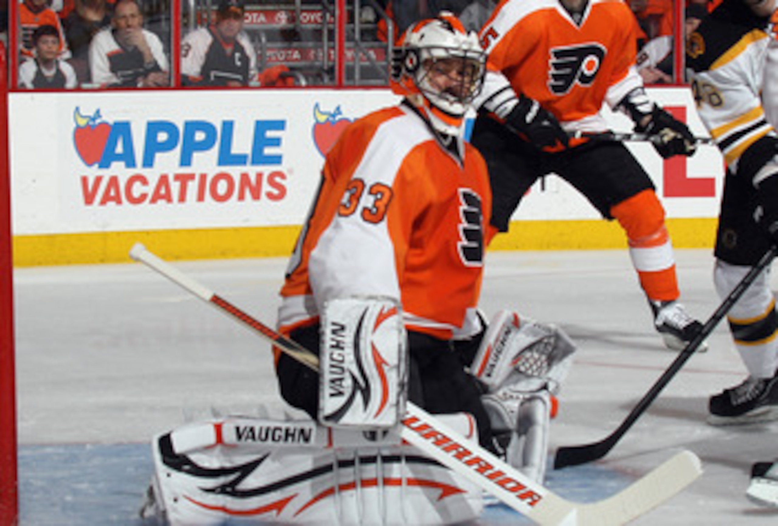 PHILADELPHIA, PA - APRIL 30: Brian Boucher #33 of the Philadelphia Flyers tends net against the Boston Bruins in Game One of the Eastern Conference Semifinals during the 2011 NHL Stanley Cup Playoffs at the Wells Fargo Center on April 30, 2011 in Philadel