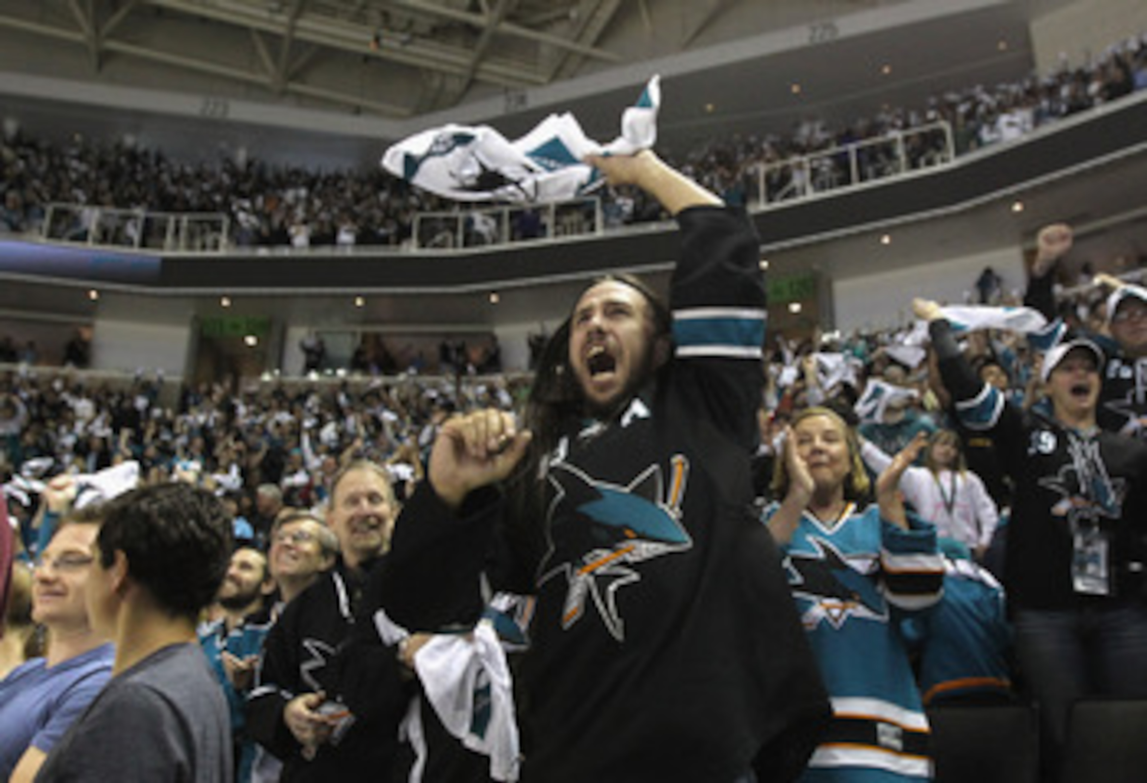 SAN JOSE, CA - MAY 01:  A San Jose Sharks fan celebrates after the Sharks went up 2-0 over the Detroit Red Wings  in Game Two of the Western Conference Semifinals during the 2011 NHL Stanley Cup Playoffs at HP Pavilion on May 1, 2011 in San Jose, Californ