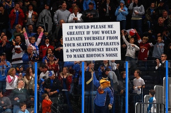 ATLANTA - DECEMBER 12:  Thrash, mascot for the Atlanta Thrashers, holds up a sign for the fans during the game against the Montreal Canadiens at Philips Arena on December 12, 2009 in Atlanta, Georgia.  (Photo by Kevin C. Cox/Getty Images)