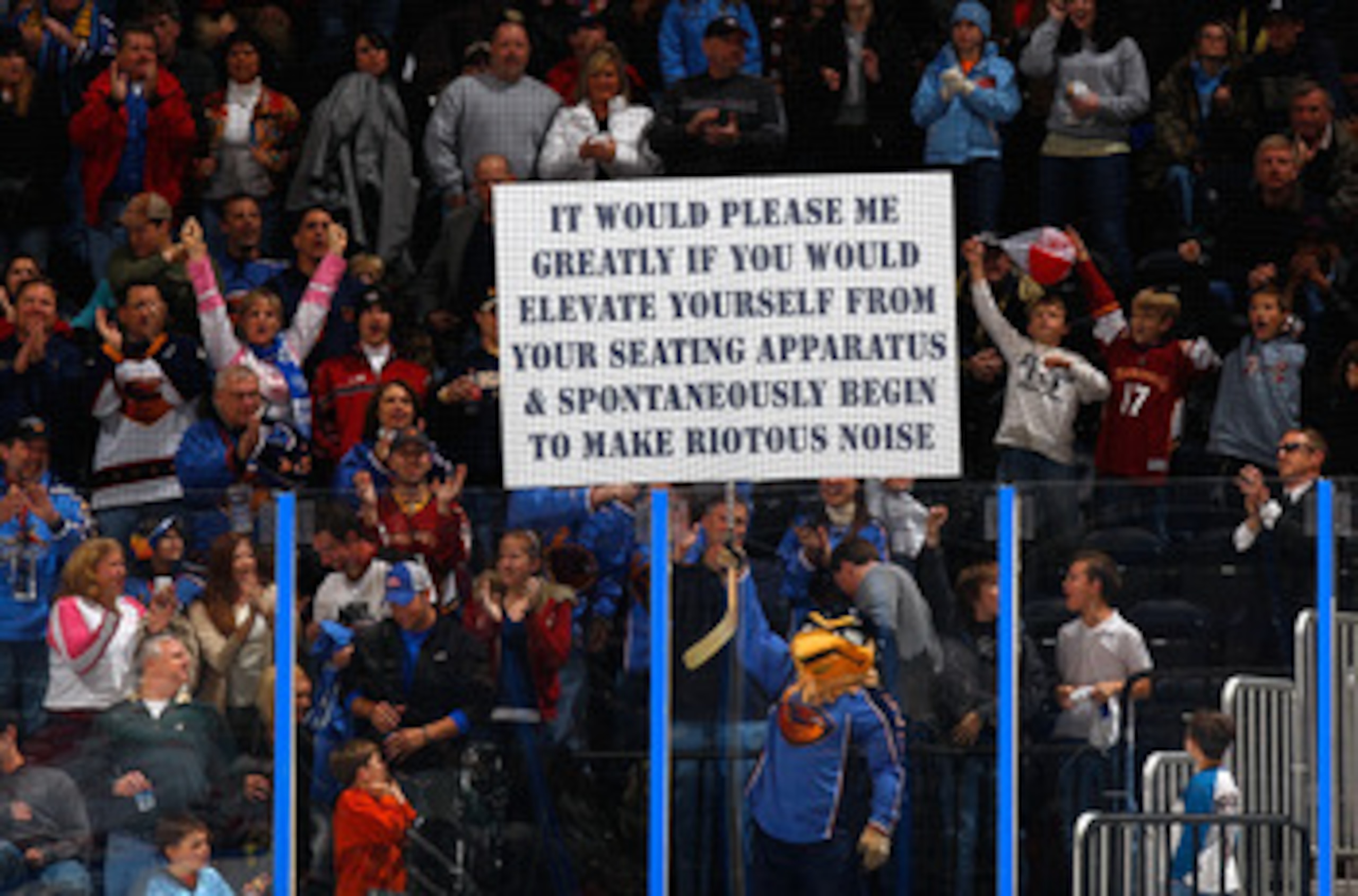 ATLANTA - DECEMBER 12: Thrash, mascot for the Atlanta Thrashers, holds up a sign for the fans during the game against the Montreal Canadiens at Philips Arena on December 12, 2009 in Atlanta, Georgia. (Photo by Kevin C. Cox/Getty Images) ATLANTA - DECEMBER 12: Thrash, mascot for the Atlanta Thrashers, holds up a sign for the fans during the game against the Montreal Canadiens at Philips Arena on December 12, 2009 in Atlanta, Georgia. (Photo by Kevin C. Cox/Getty Images)