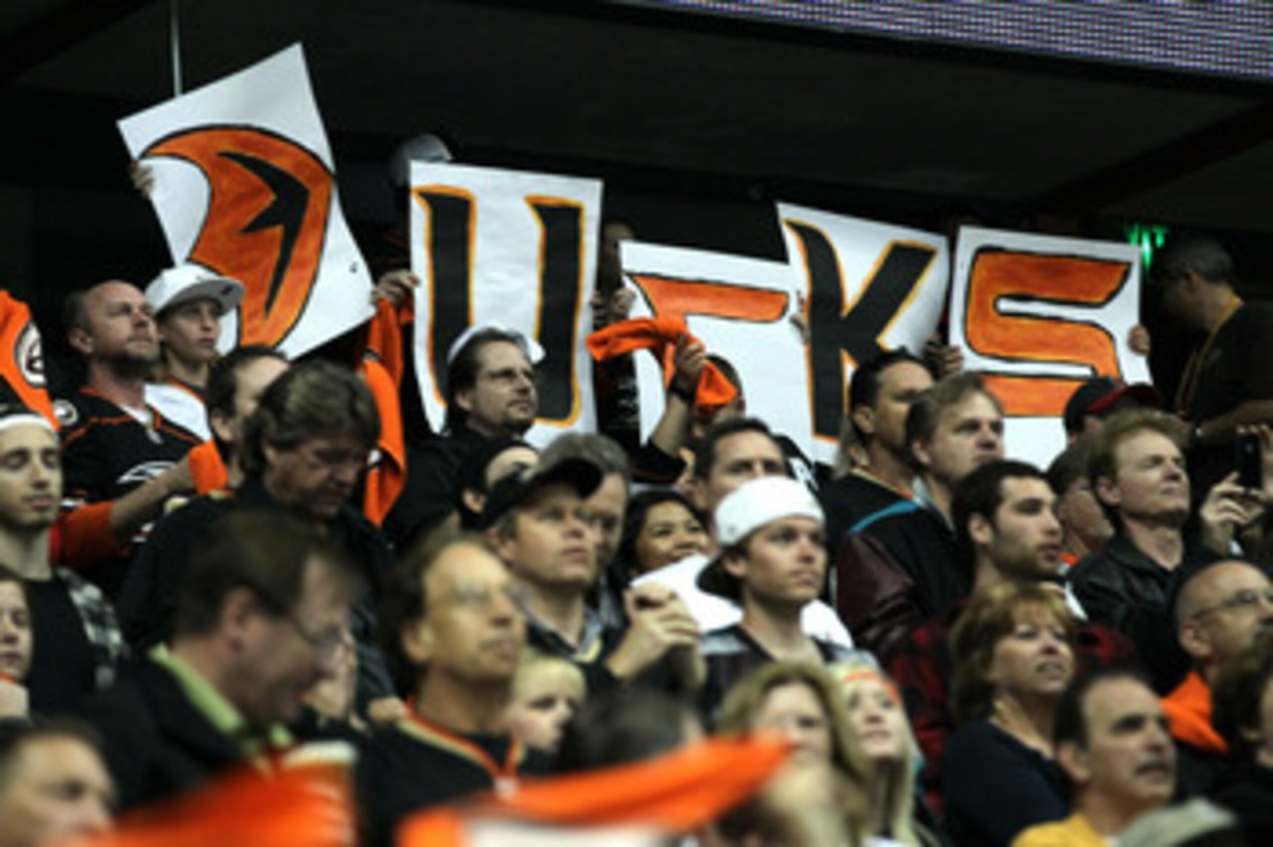 ANAHEIM - APRIL 22: Anaheim Ducks fans watch their team play the Nashville Predators in Game Five of the Western Conference Quarterfinals during the 2011 NHL Stanley Cup Playoffs at Honda Center on April 22, 2011 in Anaheim, California. The Predators ANAHEIM - APRIL 22: Anaheim Ducks fans watch their team play the Nashville Predators in Game Five of the Western Conference Quarterfinals during the 2011 NHL Stanley Cup Playoffs at Honda Center on April 22, 2011 in Anaheim, California. The Predators