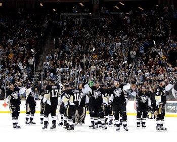 PITTSBURGH, PA - APRIL 05:  The Pittsburgh Penguins salute their fans after the final regular season game at Consol Energy Center on April 5, 2011 in Pittsburgh, Pennsylvania.  The Penguins defeated the Devils 4-2.  (Photo by Justin K. Aller/Getty Images)