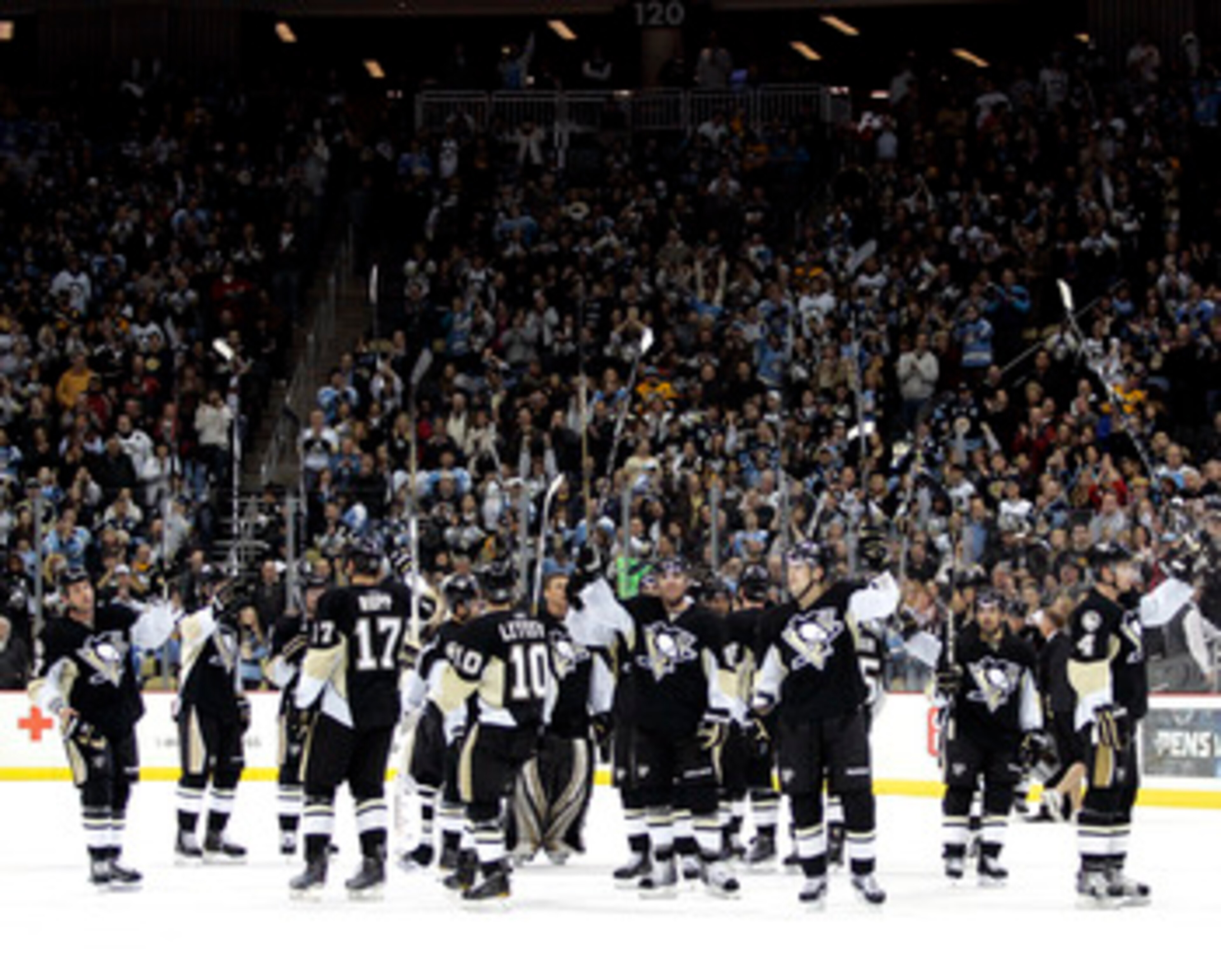 PITTSBURGH, PA - APRIL 05:  The Pittsburgh Penguins salute their fans after the final regular season game at Consol Energy Center on April 5, 2011 in Pittsburgh, Pennsylvania.  The Penguins defeated the Devils 4-2.  (Photo by Justin K. Aller/Getty Images)