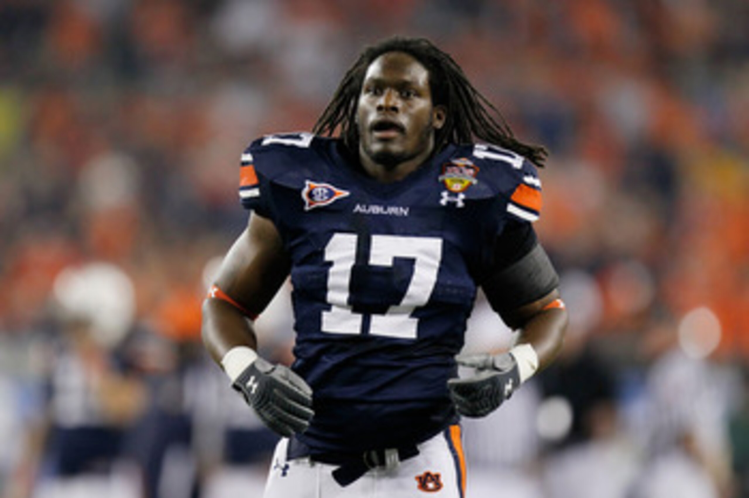 GLENDALE, AZ - JANUARY 10:  Josh Bynes #17 of the Auburn Tigers looks on against the Oregon Ducks during the Tostitos BCS National Championship Game at University of Phoenix Stadium on January 10, 2011 in Glendale, Arizona.  (Photo by Kevin C. Cox/Getty I