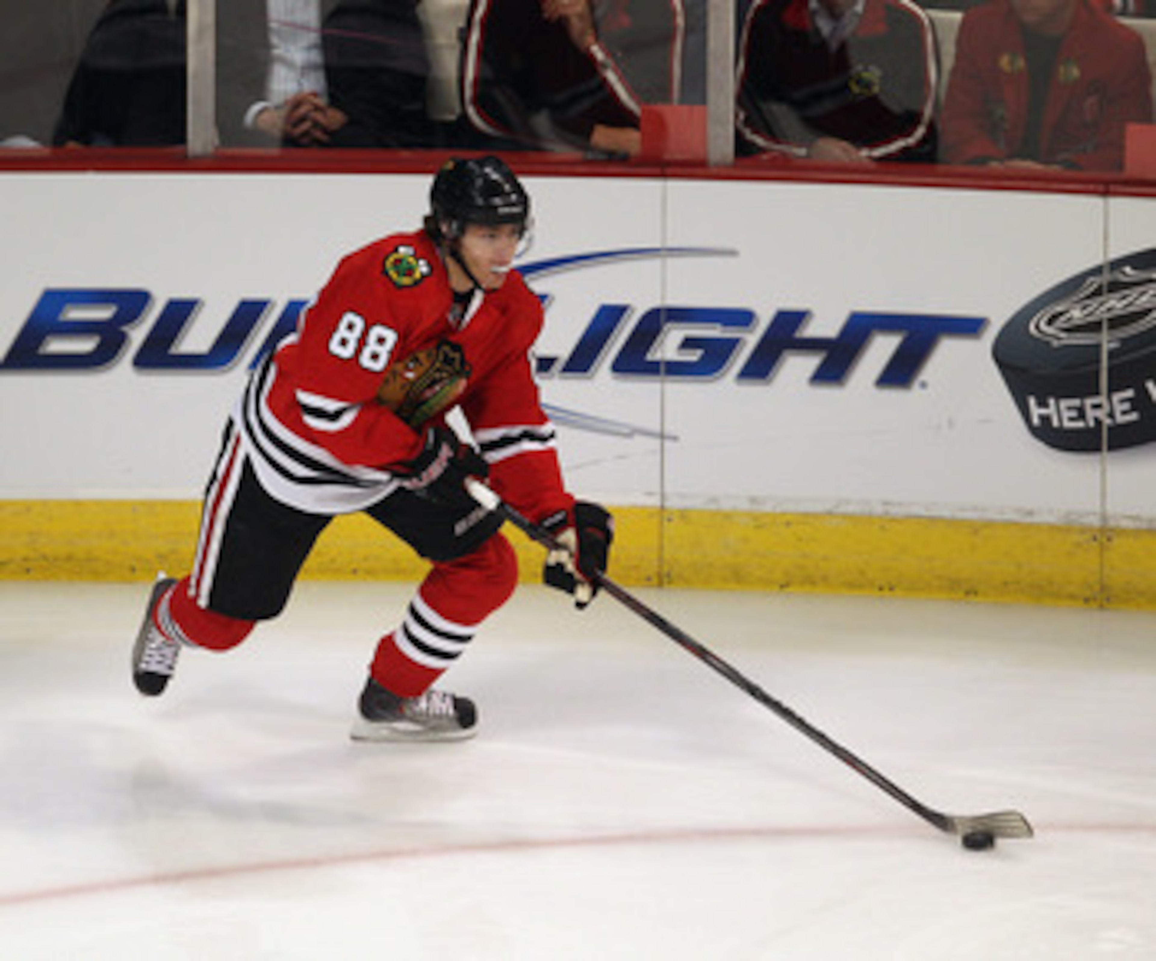 CHICAGO, IL - APRIL 17: Patrick Kane #88 of the Chicago Blackhawks looks to pass against the Vancouver Canucks in Game Three of the Western Conference Quarterfinals during the 2011 NHL Stanley Cup Playoffs at the United Center on April 17, 2011 in Chicago