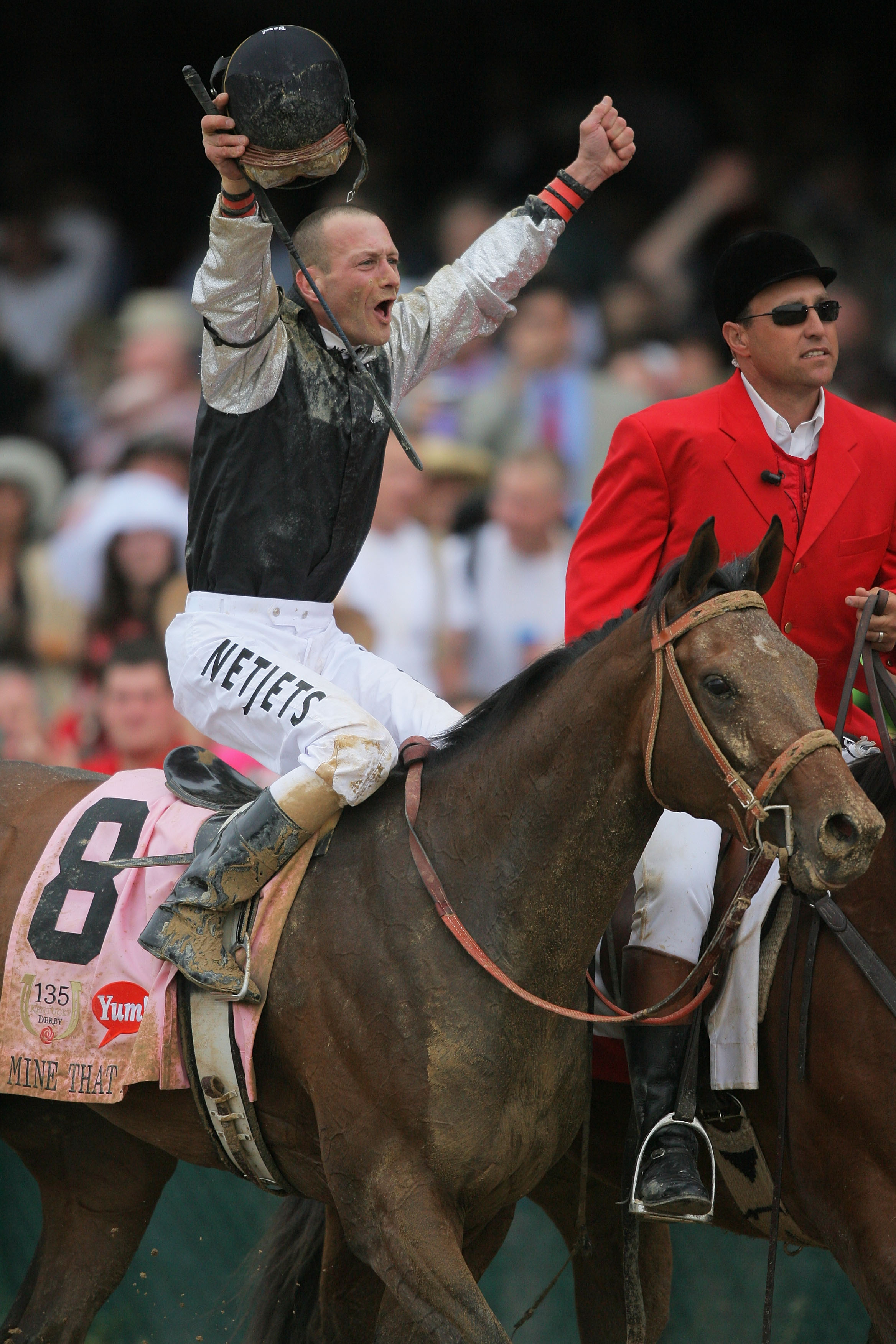 LOUISVILLE, KY - MAY 02:  Jockey Calvin Borel atop Mine That Bird celebrates his win in the 135th running of the Kentucky Derby on May 2, 2009 at Churchill Downs in Louisville, Kentucky.  (Photo by Matthew Stockman/Getty Images)
