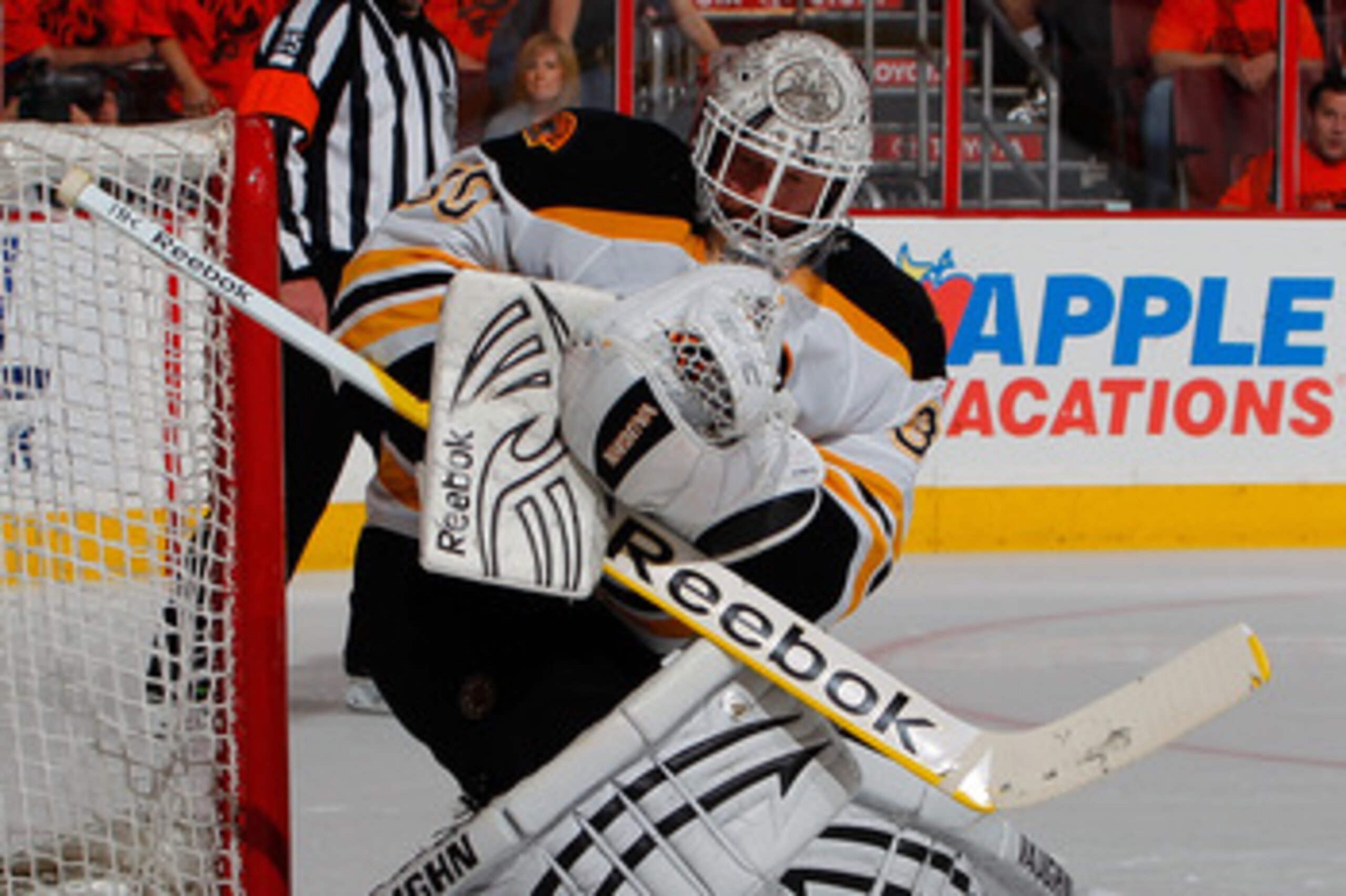 PHILADELPHIA, PA - MAY 02:  Goalie Tim Thomas #30 of the Boston Bruins makes a save against the Philadelphia Flyers during the overtime period of Game Two of the Eastern Conference Semifinals during the 2011 NHL Stanley Cup Playoffs at Wells Fargo Center