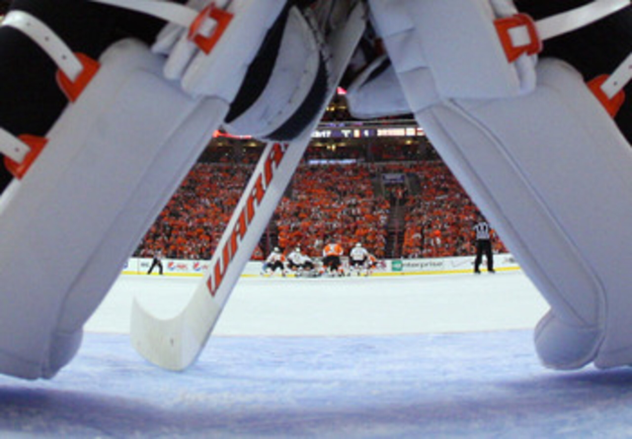 PHILADELPHIA, PA - APRIL 30: Brian Boucher #33 of the Philadelphia Flyers surveys the action between the Flyers and the Boston Bruins in Game One of the Eastern Conference Semifinals during the 2011 NHL Stanley Cup Playoffs at the Wells Fargo Center on Ap