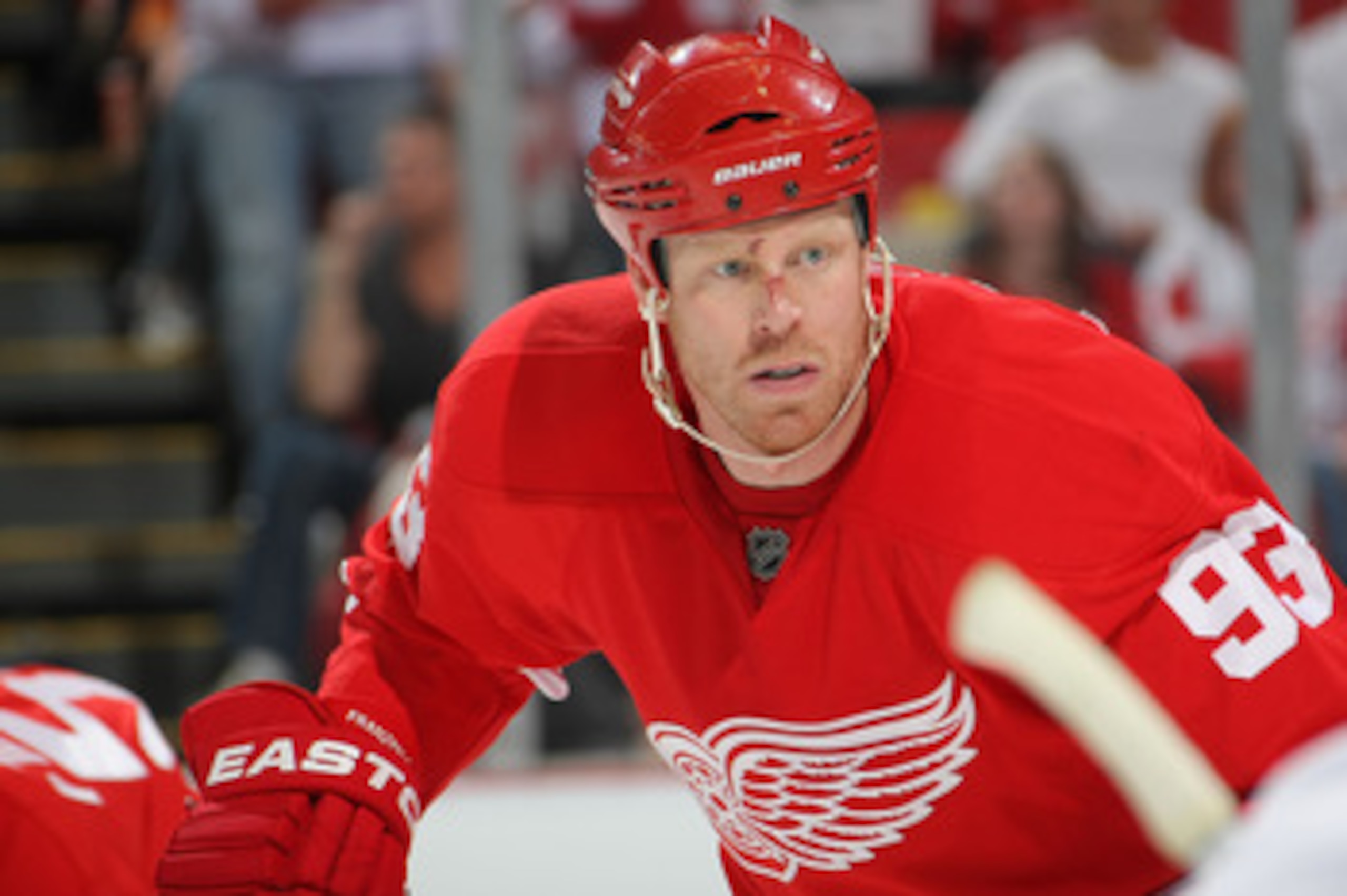DETROIT, MI- APRIL 13:  Johan Franzen #93 of the Detroit Red Wings skates against the Phoenix Coyotes in Game One of the Western Conference Quarterfinals during the 2011 NHL Stanley Cup Playoffs at Joe Louis Arena on April 13, 2011 in Detroit, Michigan.(P