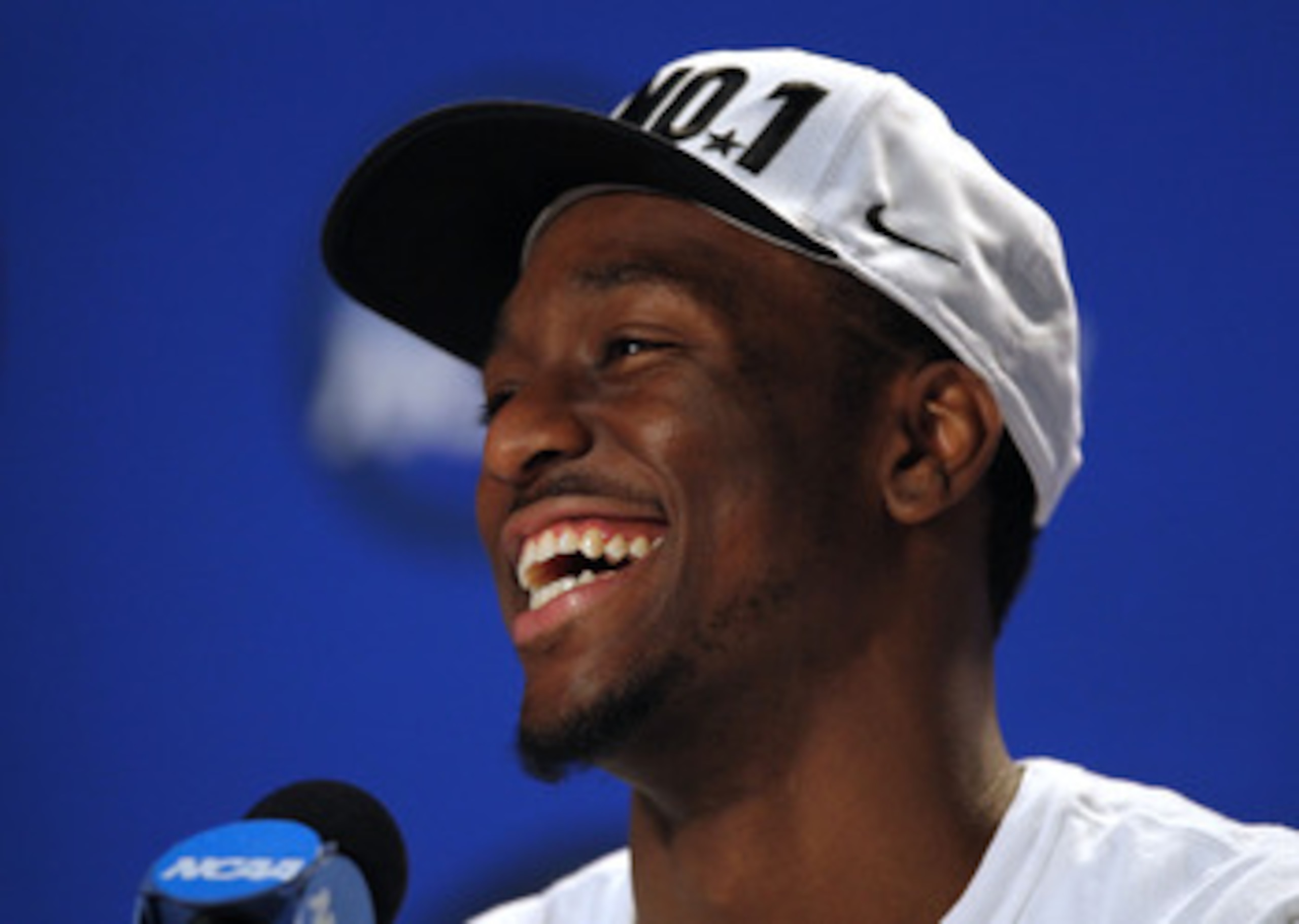 HOUSTON, TX - APRIL 04:  Kemba Walker #15 of the Connecticut Huskies speaks to the media after defeating the Butler Bulldogs to win the National Championship Game of the 2011 NCAA Division I Men's Basketball Tournament at Reliant Stadium on April 4, 2011