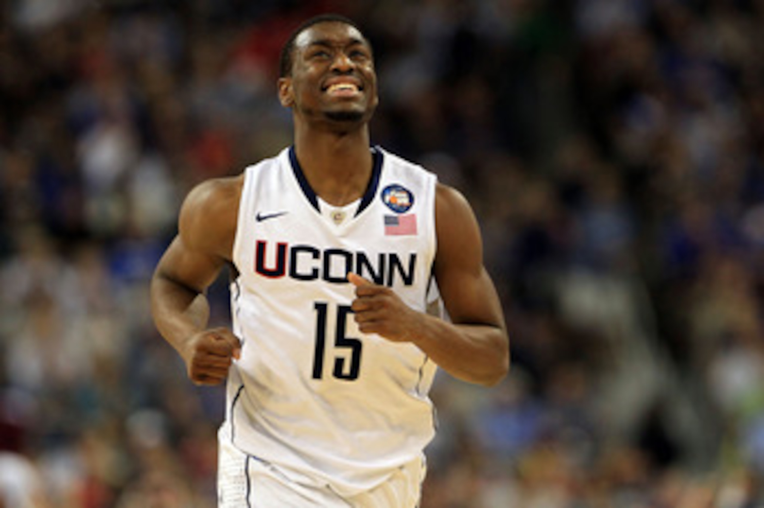 HOUSTON, TX - APRIL 04:  Kemba Walker #15 of the Connecticut Huskies reacts after a play against the Butler Bulldogs during the National Championship Game of the 2011 NCAA Division I Men's Basketball Tournament at Reliant Stadium on April 4, 2011 in Houst