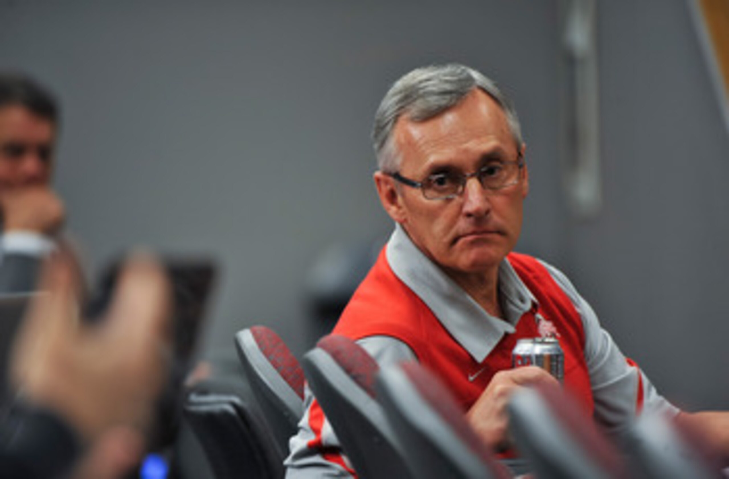 COLUMBUS, OH - MARCH 30:  Head Coach Jim Tressel listens to a member of the media during a press conference before the start of Spring practices at the Woody Hayes Athletic Center at The Ohio State University on March 30, 2011 in Columbus, Ohio. (Photo by