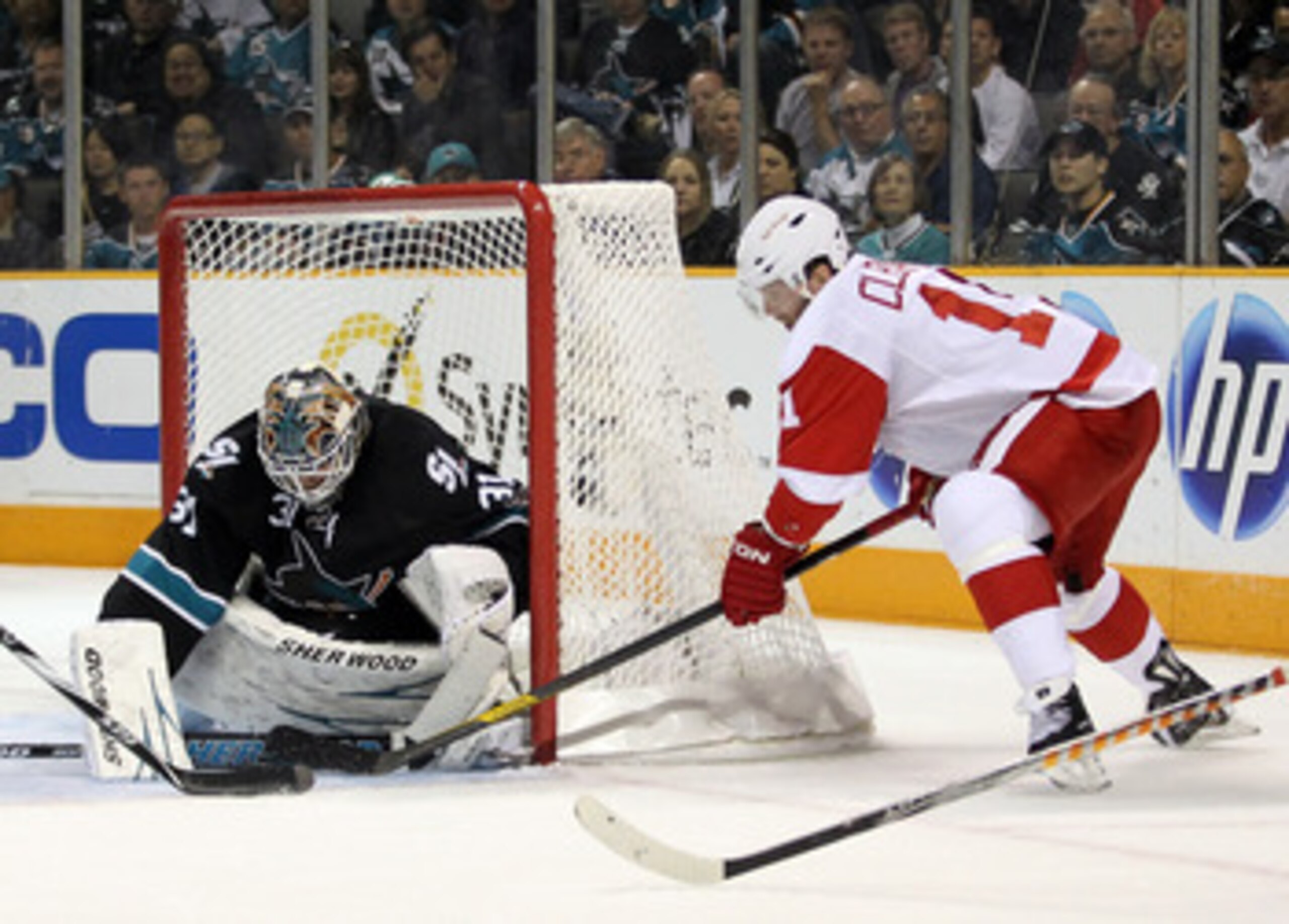 SAN JOSE, CA - MAY 01:  Antti Niemi #31 of the San Jose Sharks stops a shot taken by Daniel Cleary #11 of the Detroit Red Wings in Game Two of the Western Conference Semifinals during the 2011 NHL Stanley Cup Playoffs at HP Pavilion on May 1, 2011 in San 