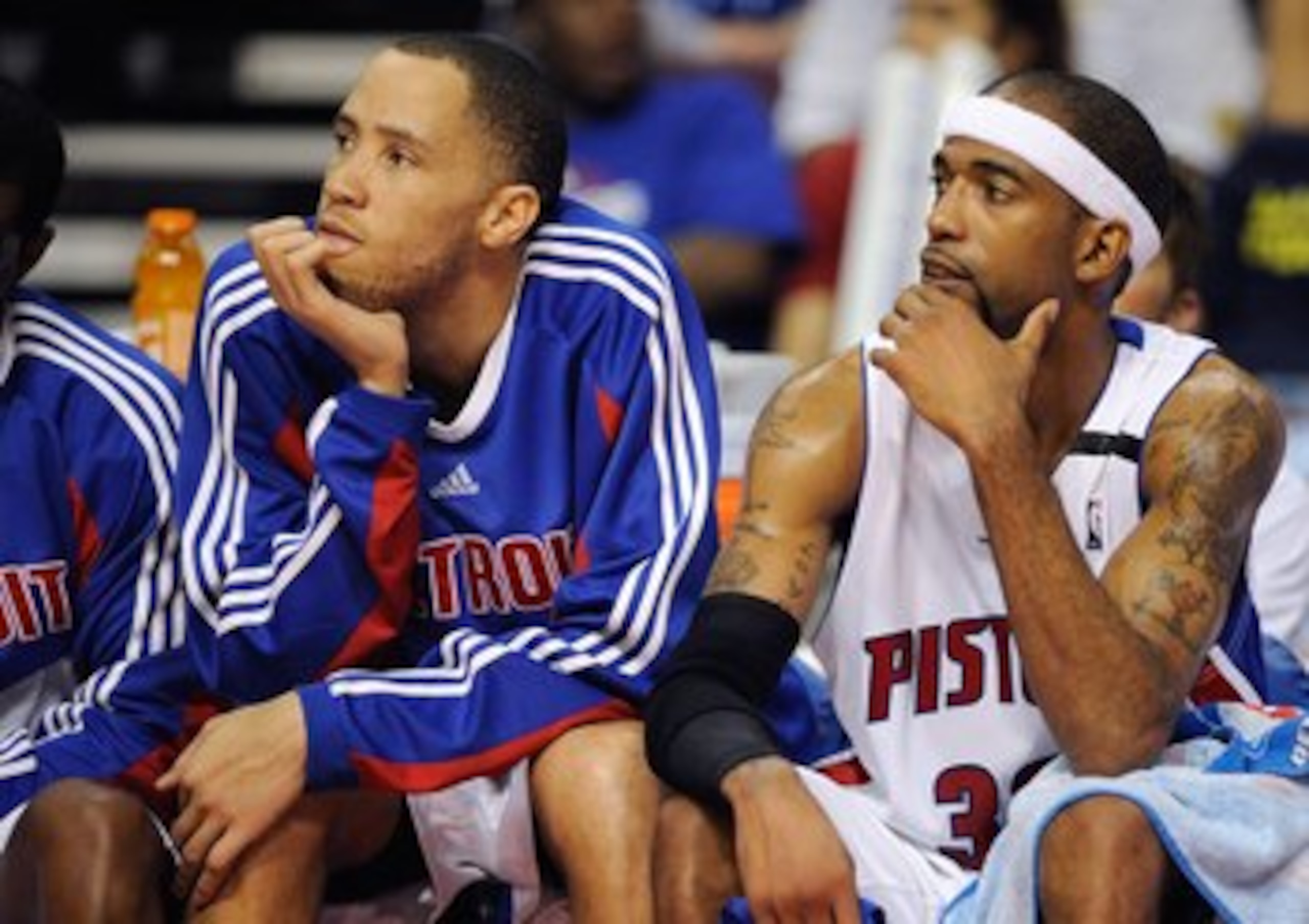 AUBURN HILLS, MI - APRIL 26:  (L-R) Tayshaun Prince #22 and Richard Hamilton #32 of the Detroit Pistons sit on the bench in Game Four of the Eastern Conference Quarterfinals against the Cleveland Cavaliers during the 2009 NBA Playoffs at the Palace of Aub