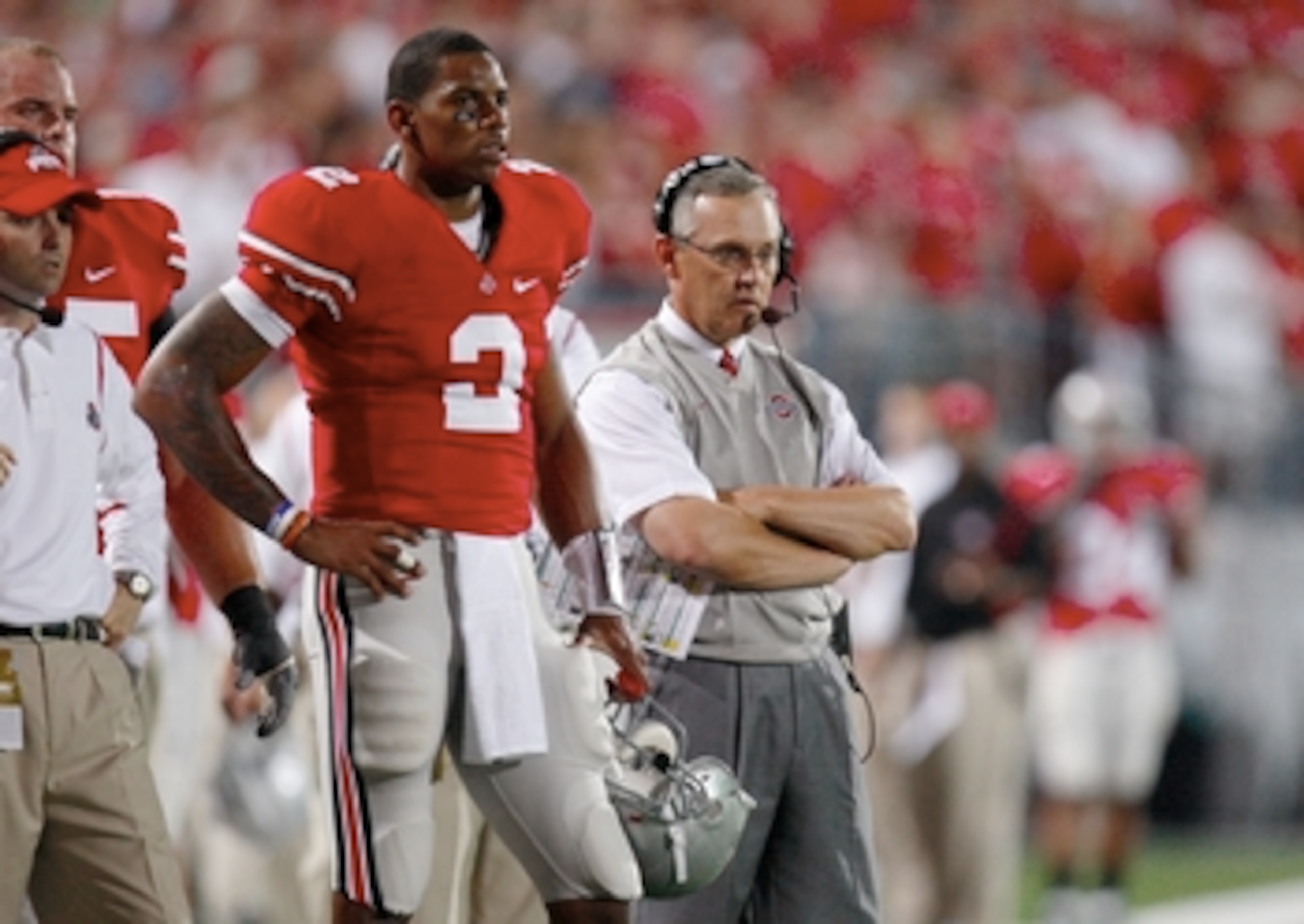 COLUMBUS, OH - SEPTEMBER 12:  Terrelle Pryor #2 and head coach Jim Tressel of the Ohio State Buckeyes look on from the sidelines during their game against the USC Trojans at Ohio Stadium on September 12, 2009 in Columbus, Ohio. (Photo by Gregory Shamus/Ge