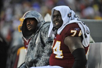 LANDOVER, MD - DECEMBER 12:  Stephon Heyer #74 of the Washington Redskins watches the game from the bench during the game against the Tampa Bay Buccaneers  at FedExField on December 12, 2010 in Landover, Maryland. The Buccaneers defeated the Redskins 17-1