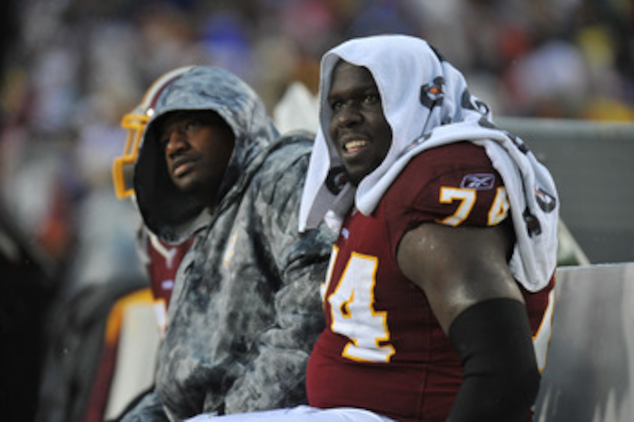 LANDOVER, MD - DECEMBER 12:  Stephon Heyer #74 of the Washington Redskins watches the game from the bench during the game against the Tampa Bay Buccaneers  at FedExField on December 12, 2010 in Landover, Maryland. The Buccaneers defeated the Redskins 17-1