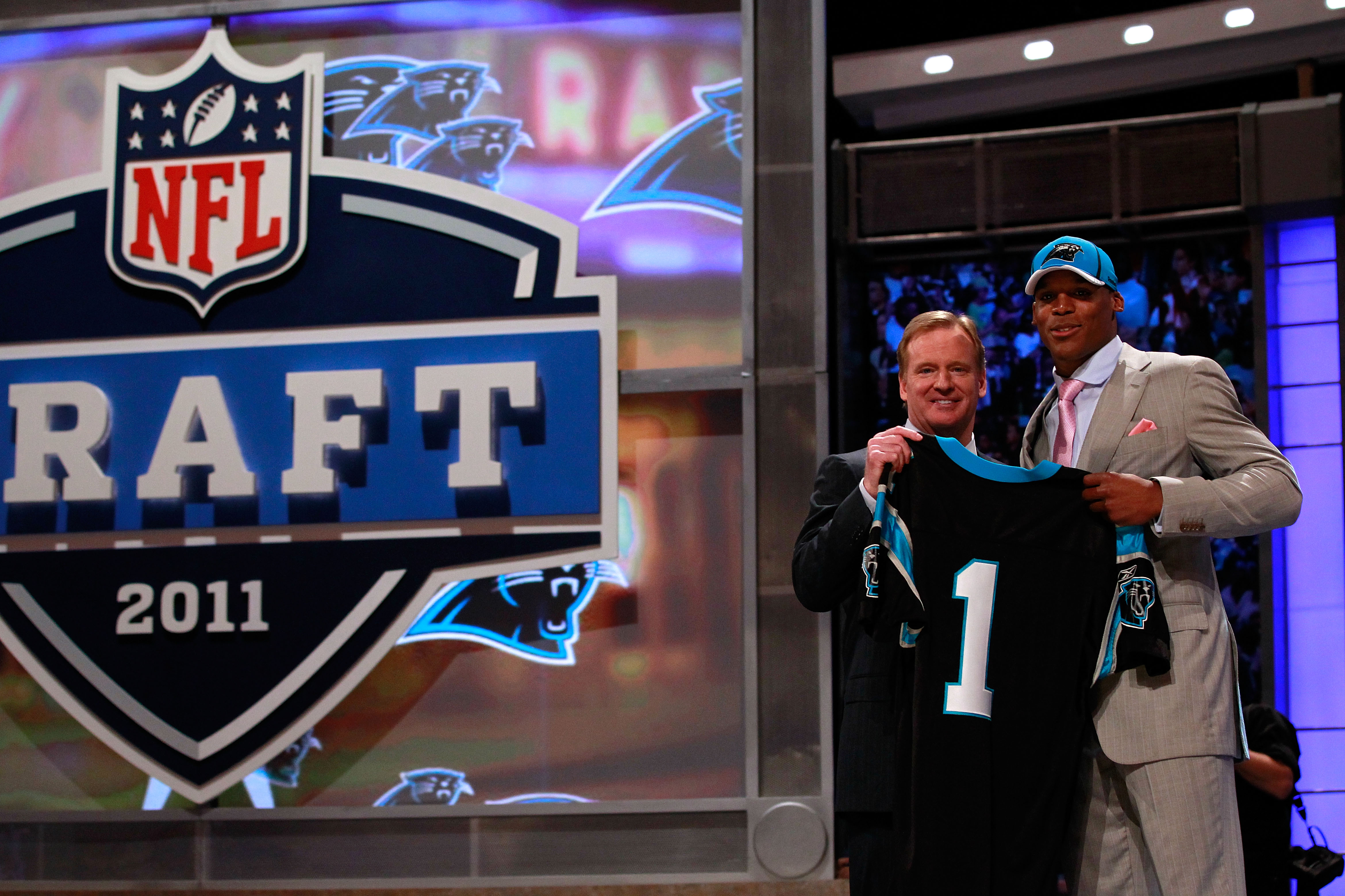 NEW YORK, NY - APRIL 28:  NFL Commissioner Roger Goodell poses for a photo with Carolina Panthers #1 overall pick Cam Newton from Auburn during the 2011 NFL Draft at Radio City Music Hall on April 28, 2011 in New York City.  (Photo by Chris Trotman/Getty