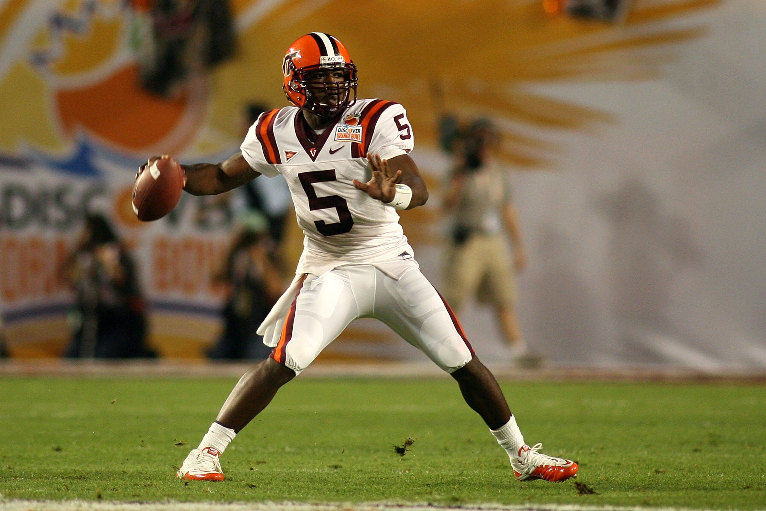 MIAMI, FL - JANUARY 03:  Tyrod Taylor #5 of the Virginai Tech Hokies throws a pass against the Stanford Cardinal during the 2011 Discover Orange Bowl at Sun Life Stadium on January 3, 2011 in Miami, Florida.  (Photo by Marc Serota/Getty Images)