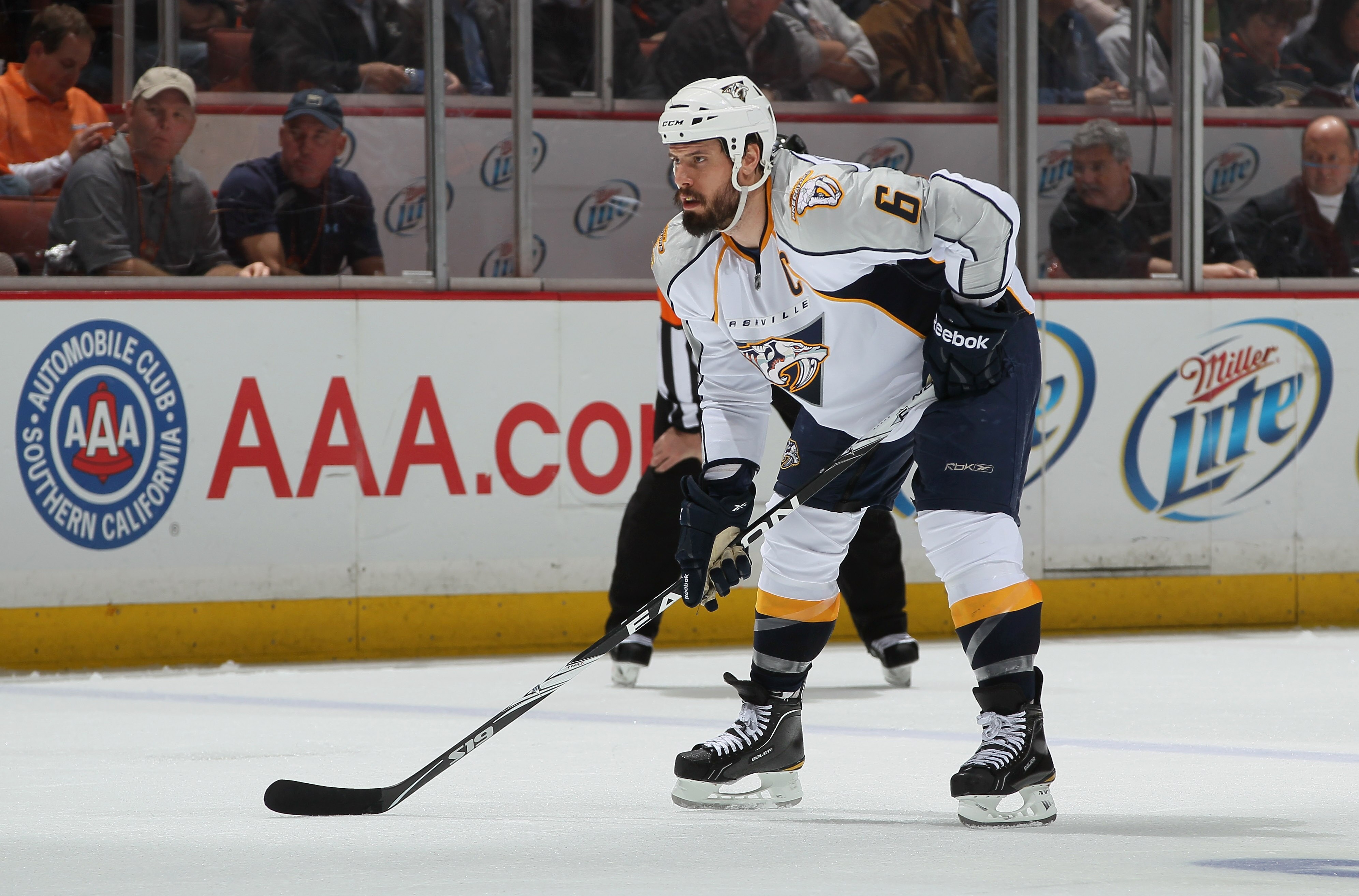 ANAHEIM, CA - APRIL 13:  Shea Weber #6 of the Nashville Predators skates against the Anaheim Ducks in Game One of the Western Conference Quarterfinals during the 2011 NHL Stanley Cup Playoffs at Honda Center on April 13, 2011 in Anaheim, California. The P