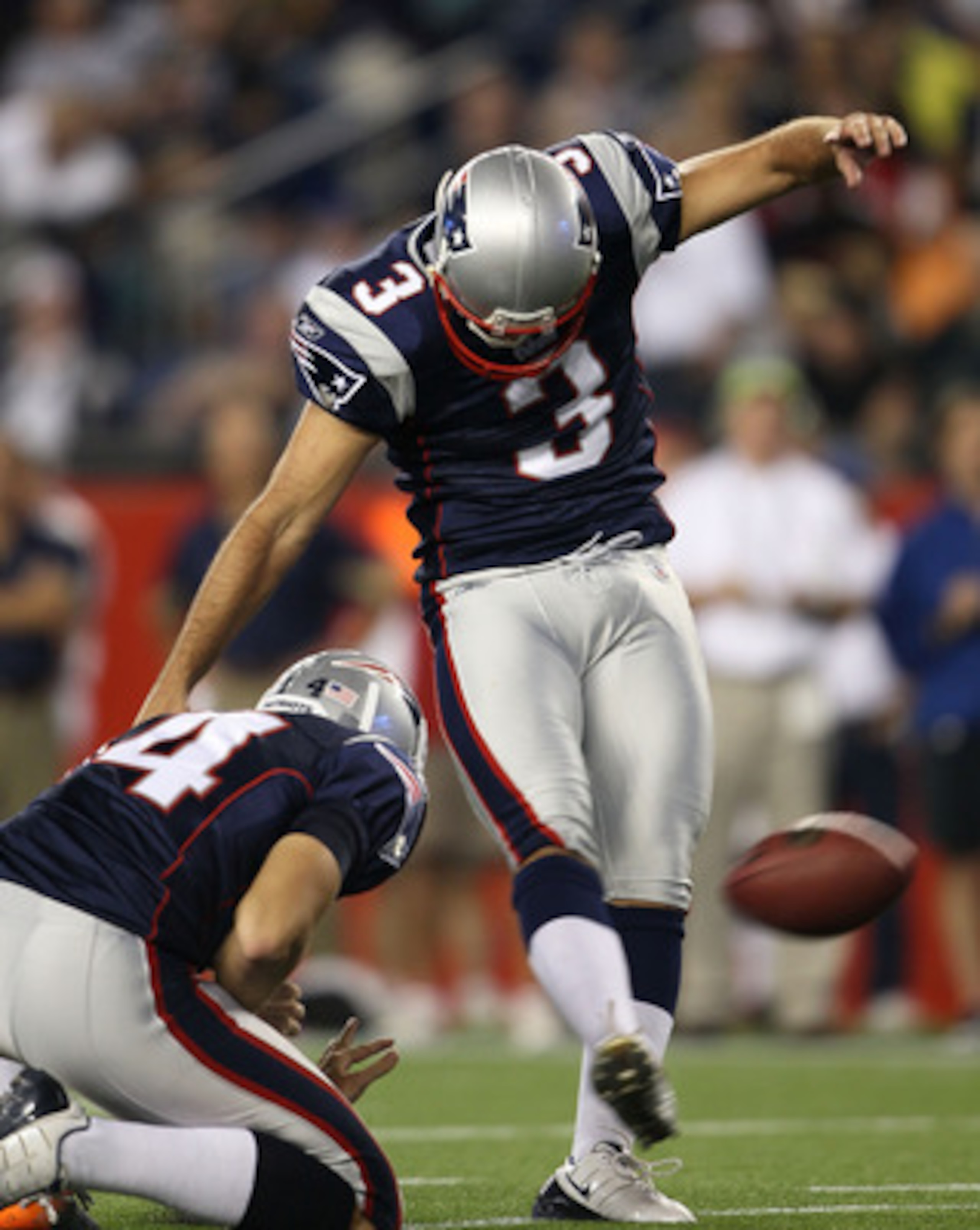 FOXBORO, MA - AUGUST 26: Stephen Gostkowski #3 of the New England Patriots kicks as Zoltan Mesko #14 holds in the second half against the St. Louis Rams on August 26, 2010 at Gillette Stadium in Foxboro, Massachusetts. The Rams defeated the Patriots 36-3 FOXBORO, MA - AUGUST 26: Stephen Gostkowski #3 of the New England Patriots kicks as Zoltan Mesko #14 holds in the second half against the St. Louis Rams on August 26, 2010 at Gillette Stadium in Foxboro, Massachusetts. The Rams defeated the Patriots 36-3