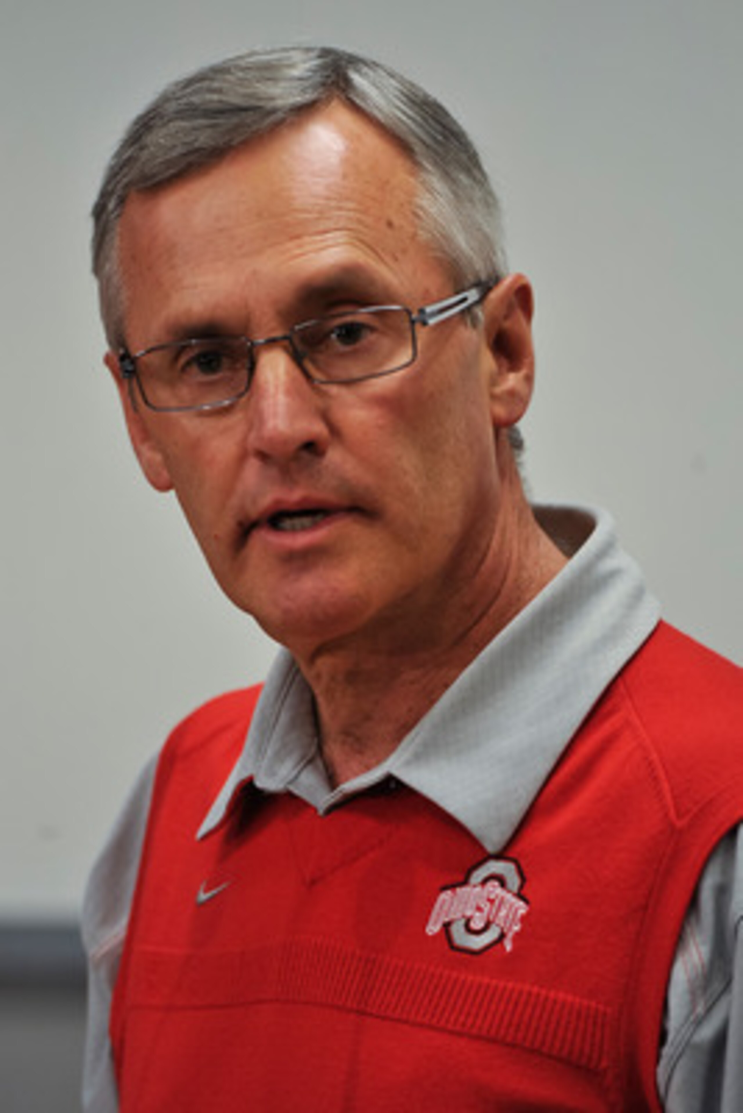 COLUMBUS, OH - MARCH 30:  Head Coach Jim Tressel speaks to the media during a press conference before the start of Spring practices at the Woody Hayes Athletic Center at The Ohio State University on March 30, 2011 in Columbus, Ohio. (Photo by Jamie Sabau/