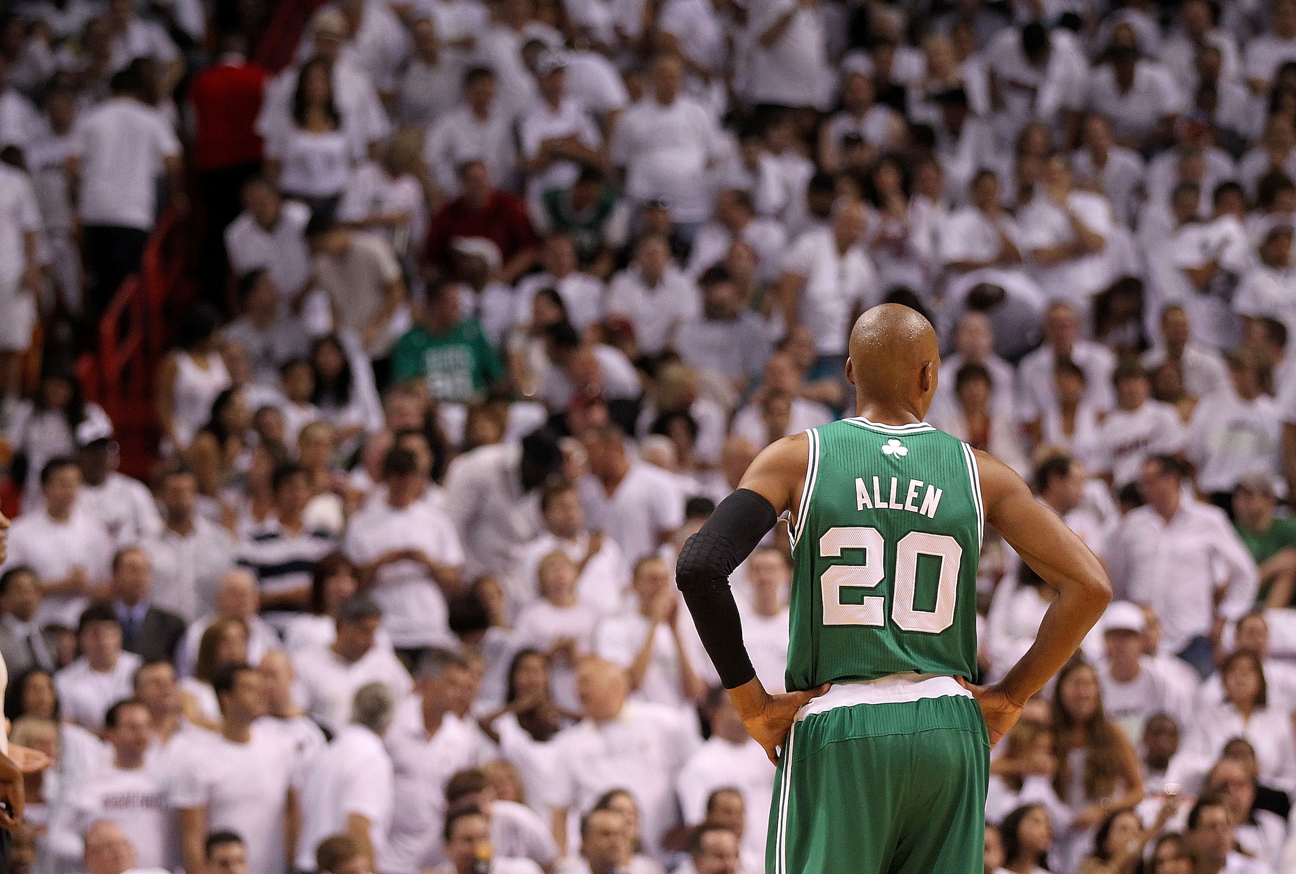 MIAMI, FL - MAY 01:  Ray Allen #20 of the Boston Celtics looks on  during Game One of the Eastern Conference Semifinals of the 2011 NBA Playoffs against the Miami Heat at American Airlines Arena on May 1, 2011 in Miami, Florida. NOTE TO USER: User express