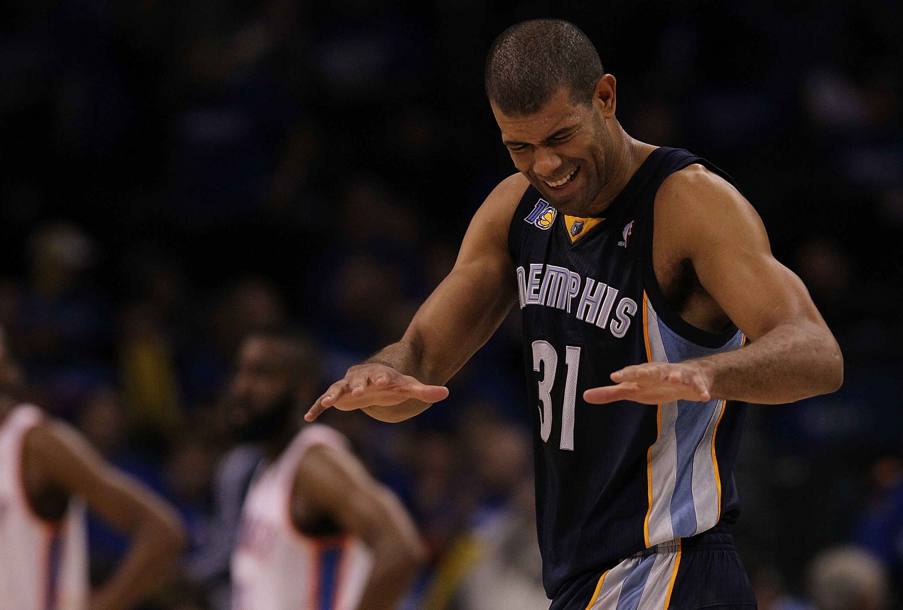 OKLAHOMA CITY, OK - MAY 01:  Forward Shane Battier #31 of the Memphis Grizzlies reacts during a 114-101 win against the Oklahoma City Thunder in Game One of the Western Conference Semifinals in the 2011 NBA Playoffs on May 1, 2011 at Oklahoma City Arena i