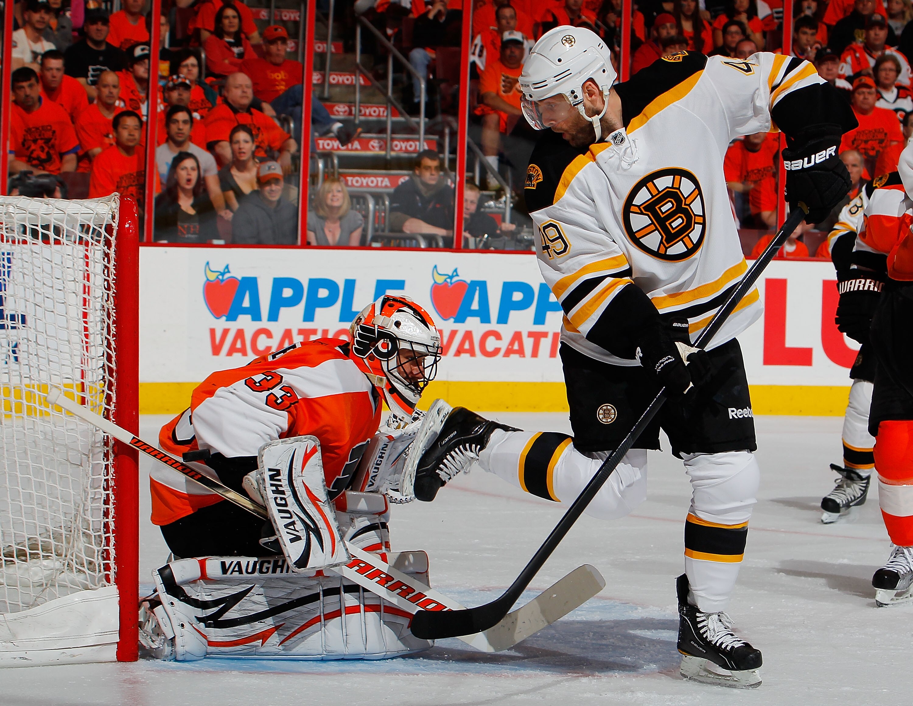 PHILADELPHIA, PA - MAY 02:  Rich Peverley #49 of the Boston Bruins watches as Brian Boucher #33 of the Philadelphia Flyers stops his shot during the first period of Game Two of the Eastern Conference Semifinals during the 2011 NHL Stanley Cup Playoffs at