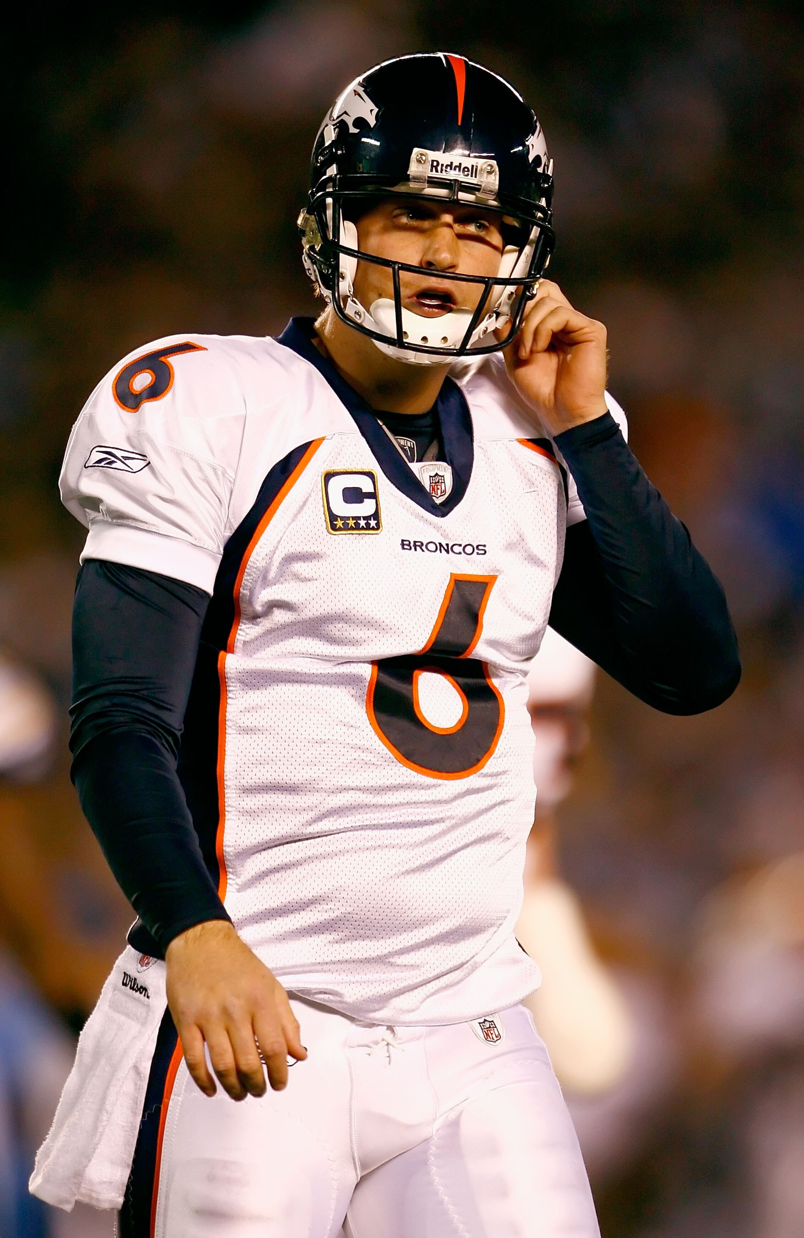 SAN DIEGO - DECEMBER 28:  Quarterback Jay Cutler #6 of the Denver Broncos walks to the sidelines during the NFL game against the San Diego Chargers at Qualcomm Stadium on December 28, 2008 in San Diego, California. The Chargers defeated the Broncos 52--21