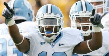 CHESTNUT HILL, MA - NOVEMBER 21:  Kendric Burney #16 of the North Carolina Tar Heels celebrates his touchdown in the first quarter against the Boston College Eagles on November 21, 2009 at Alumni Stadium in Chestnut Hill, Massachusetts.  (Photo by Elsa/Ge