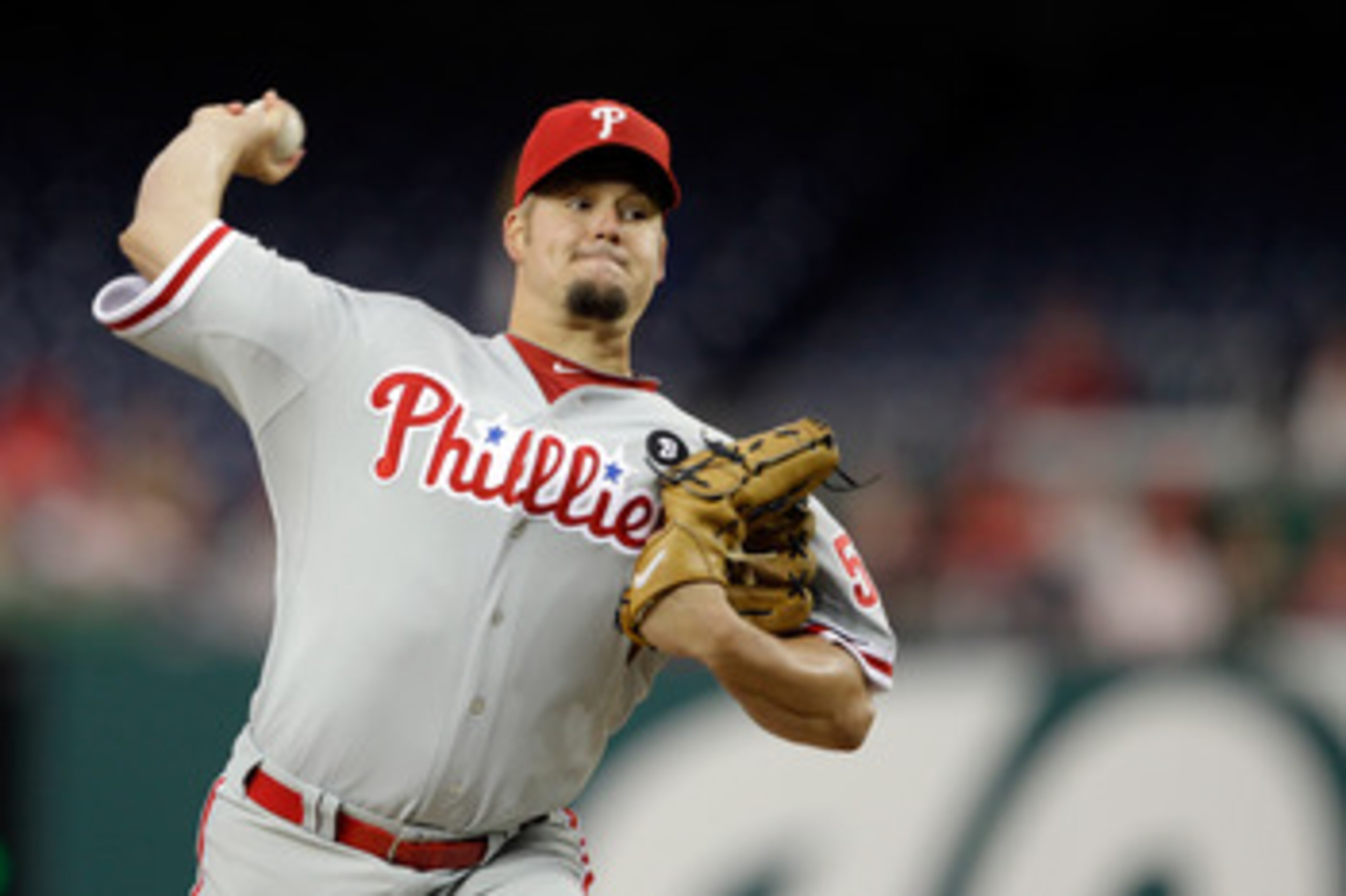 WASHINGTON, DC - APRIL 12: Pitcher Joe Blanton #56 of the Philadelphia Phillies delivers to a Washington Nationals batter at Nationals Park on April 12, 2011 in Washington, DC. (Photo by Rob Carr/Getty Images)