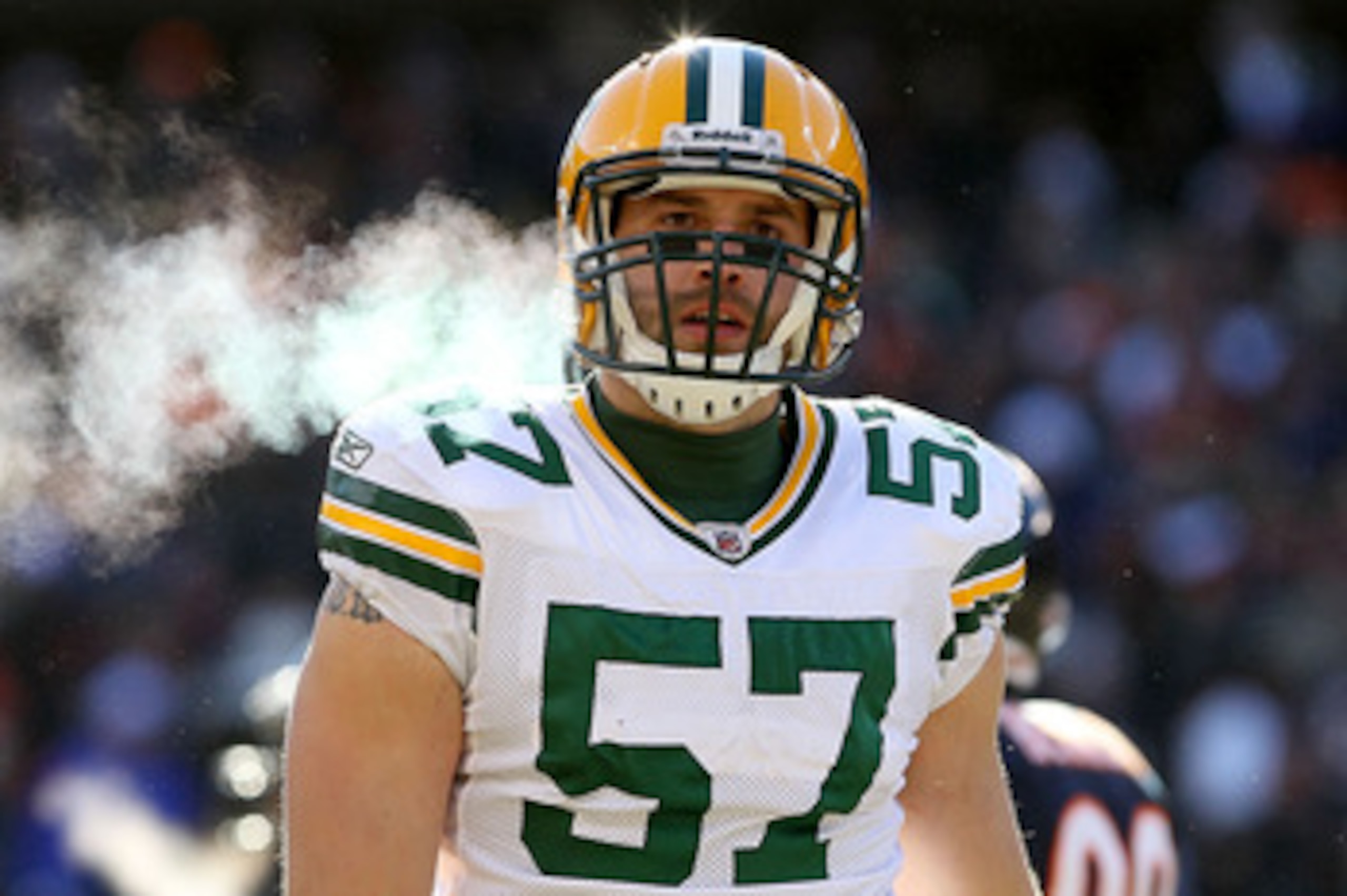 CHICAGO, IL - JANUARY 23:  Matt Wilhelm #57 of the Green Bay Packers looks on while taking on the Chicago Bears in the NFC Championship Game at Soldier Field on January 23, 2011 in Chicago, Illinois.  (Photo by Doug Pensinger/Getty Images)