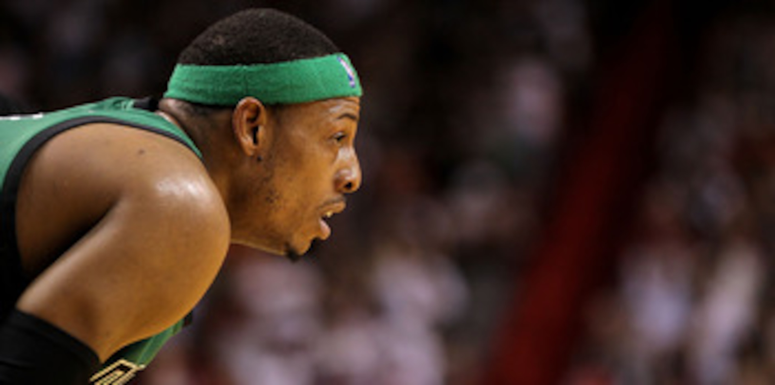 MIAMI, FL - APRIL 10: Paul Pierce #34 of the Boston Celtics looks on during a game against the Miami Heat  at American Airlines Arena on April 10, 2011 in Miami, Florida. NOTE TO USER: User expressly acknowledges and agrees that, by downloading and/or usi