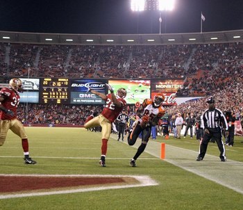 SAN FRANCISCO - DECEMBER 15: Chad Johnson #85 of the Cincinnati Bengals can't catch a pass in the endzone in the fourth quarter over Nate Clements #22 of the San Francisco 49ers during an NFL game on December 15, 2007 at Monster Park in San Francisco, Cal
