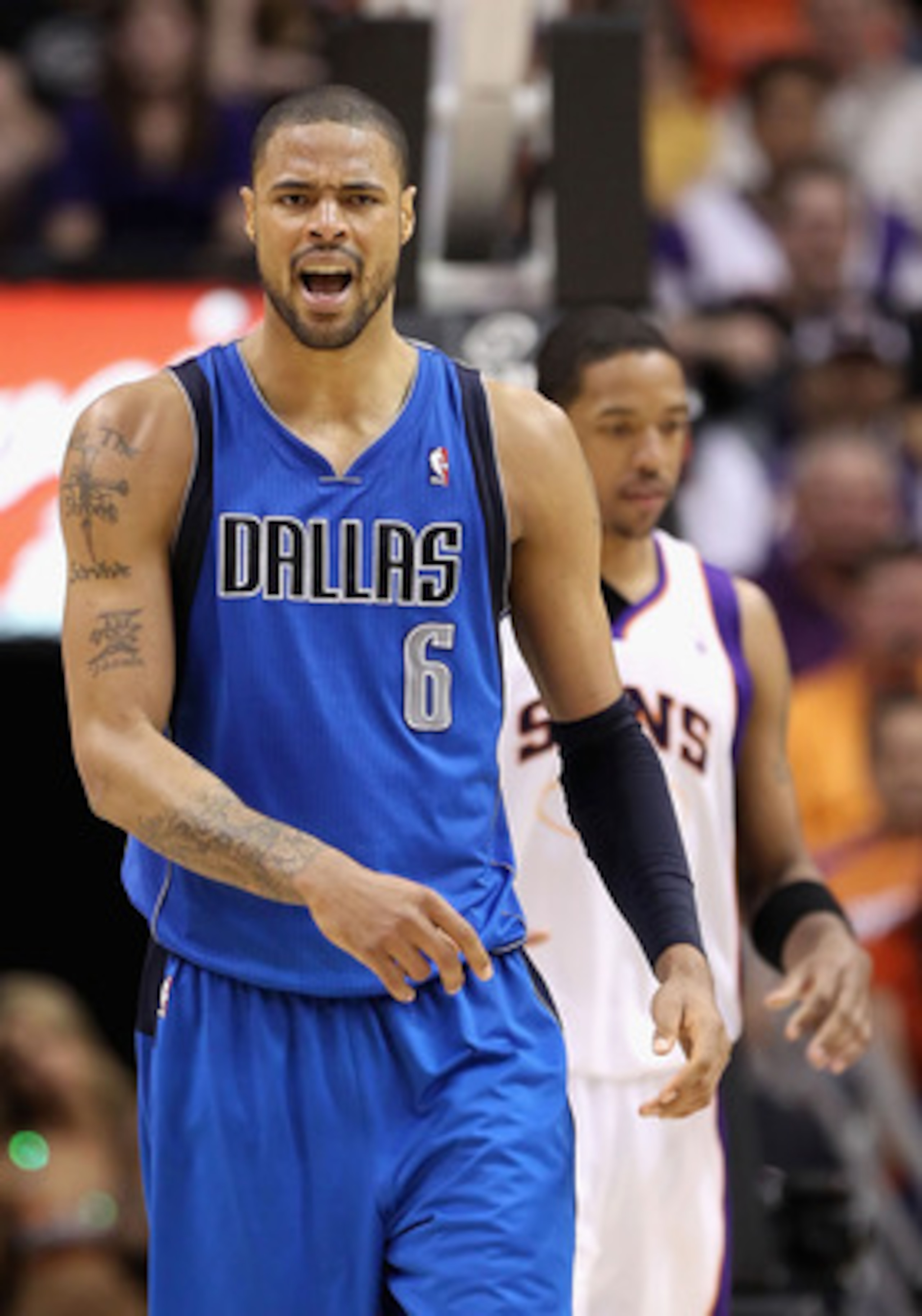 PHOENIX, AZ - MARCH 27:  Tyson Chandler #6 of the Dallas Mavericks reacts during the NBA game against the Phoenix Suns at US Airways Center on March 27, 2011 in Phoenix, Arizona.  The Mavericks defeated the Suns 91-83.  NOTE TO USER: User expressly acknow