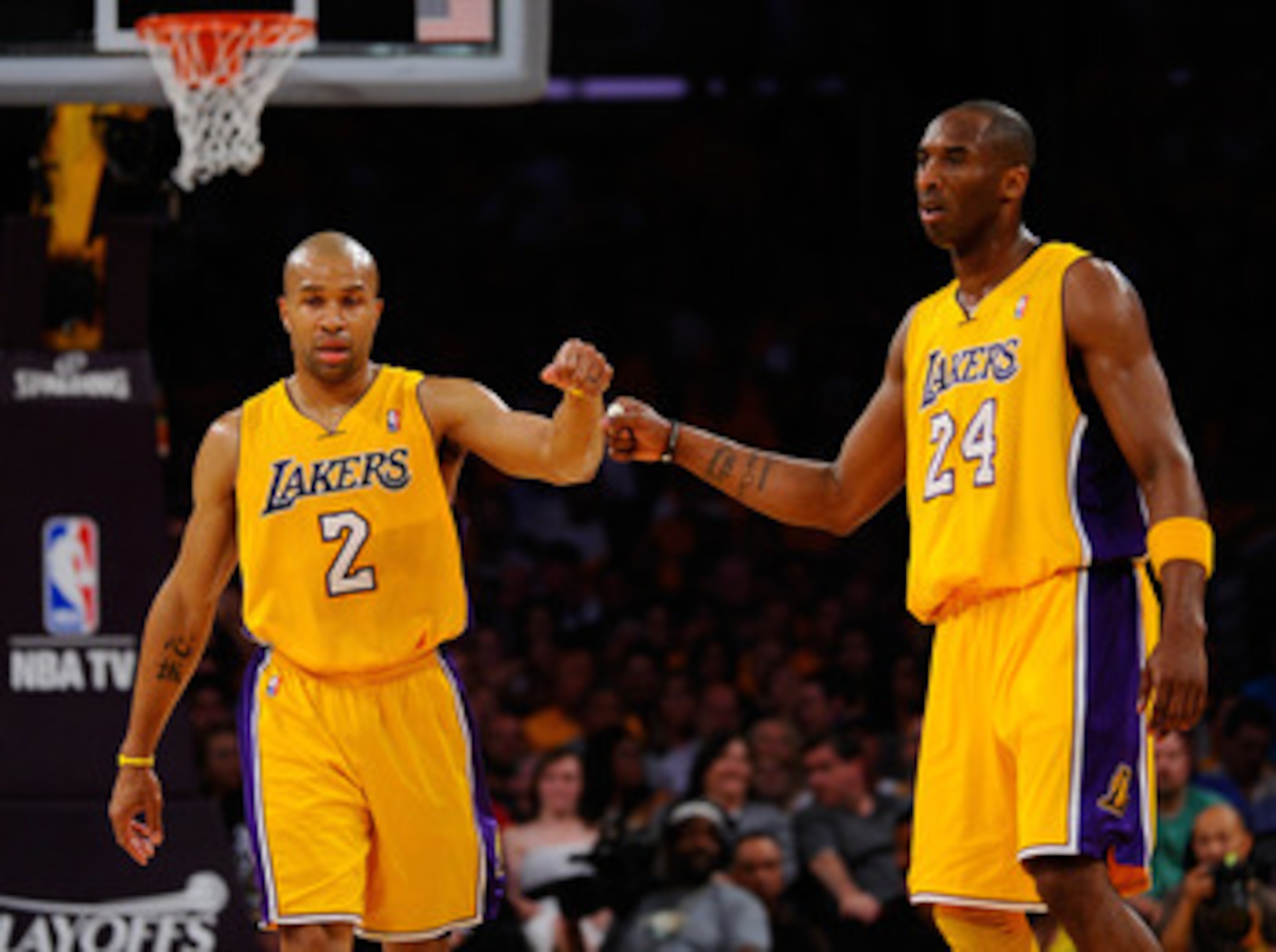 LOS ANGELES, CA - MAY 02:  Derek Fisher #2 and Kobe Bryant #24 of the Los Angeles Lakers react in the second half while taking on the Dallas Mavericks in Game One of the Western Conference Semifinals in the 2011 NBA Playoffs at Staples Center on May 2, 20