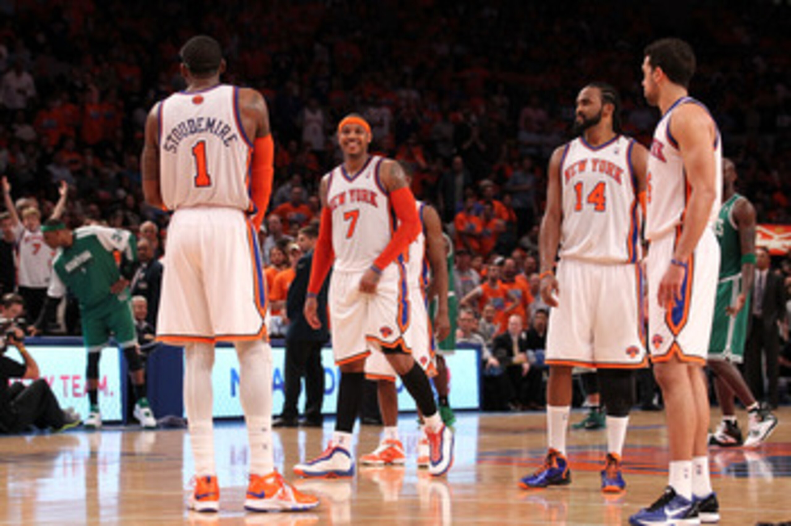 NEW YORK, NY - APRIL 24:  (L-R) Amar'e Stoudemire #1, Carmelo Anthony #7, Ronny Turiaf #14 and Landry Fields #6 of the New York Knicks look on against the Boston Celtics in Game Four of the Eastern Conference Quarterfinals during the 2011 NBA Playoffs on
