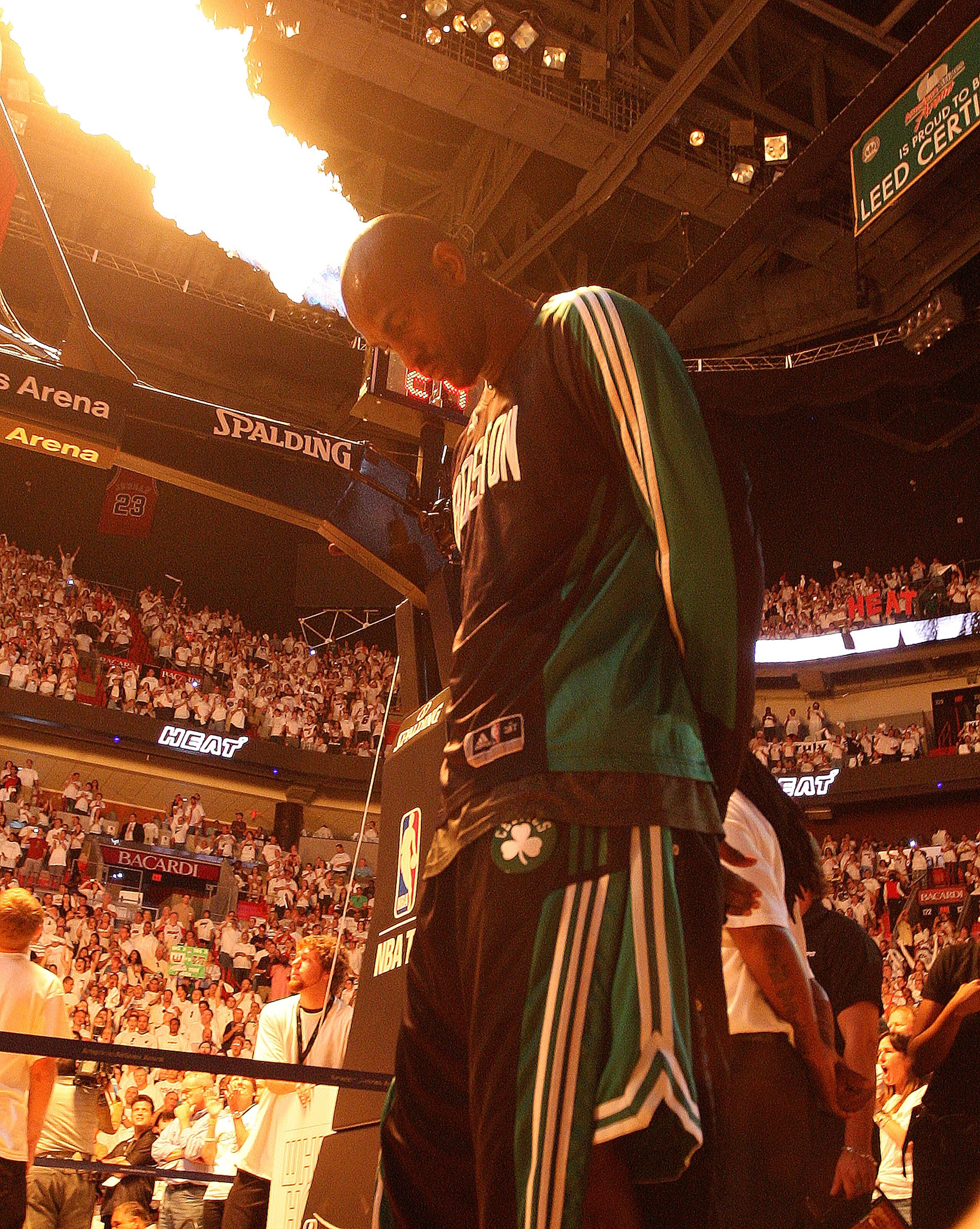 MIAMI, FL - MAY 01:  Kevin Garnett #5  of the Boston Celtics looks on  during game one of the Eastern Conference Semifinals of the 2011 NBA Playoffs against the Miami Heat at American Airlines Arena on May 1, 2011 in Miami, Florida. NOTE TO USER: User exp