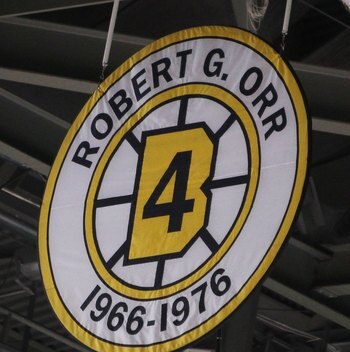 BOSTON - MARCH 04:  Robert Orr's retired number hangs in the rafters during the Toronto Maple Leafs versus the Boston Bruins on March 4, 2010 at the TD Garden in Boston, Massachusetts. The Bruins defeated the Maple Leafs 3-2 in an overtime shootout.  (Pho