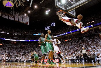 MIAMI, FL - MAY 03:  LeBron James #6 of the Miami Heat dunks over Ray Allen #20 and Kevin Garnett #5 of  the Boston Celtics during Game Two of the Eastern Conference Semifinals of the 2011 NBA Playoffs at American Airlines Arena on May 3, 2011 in Miami, F