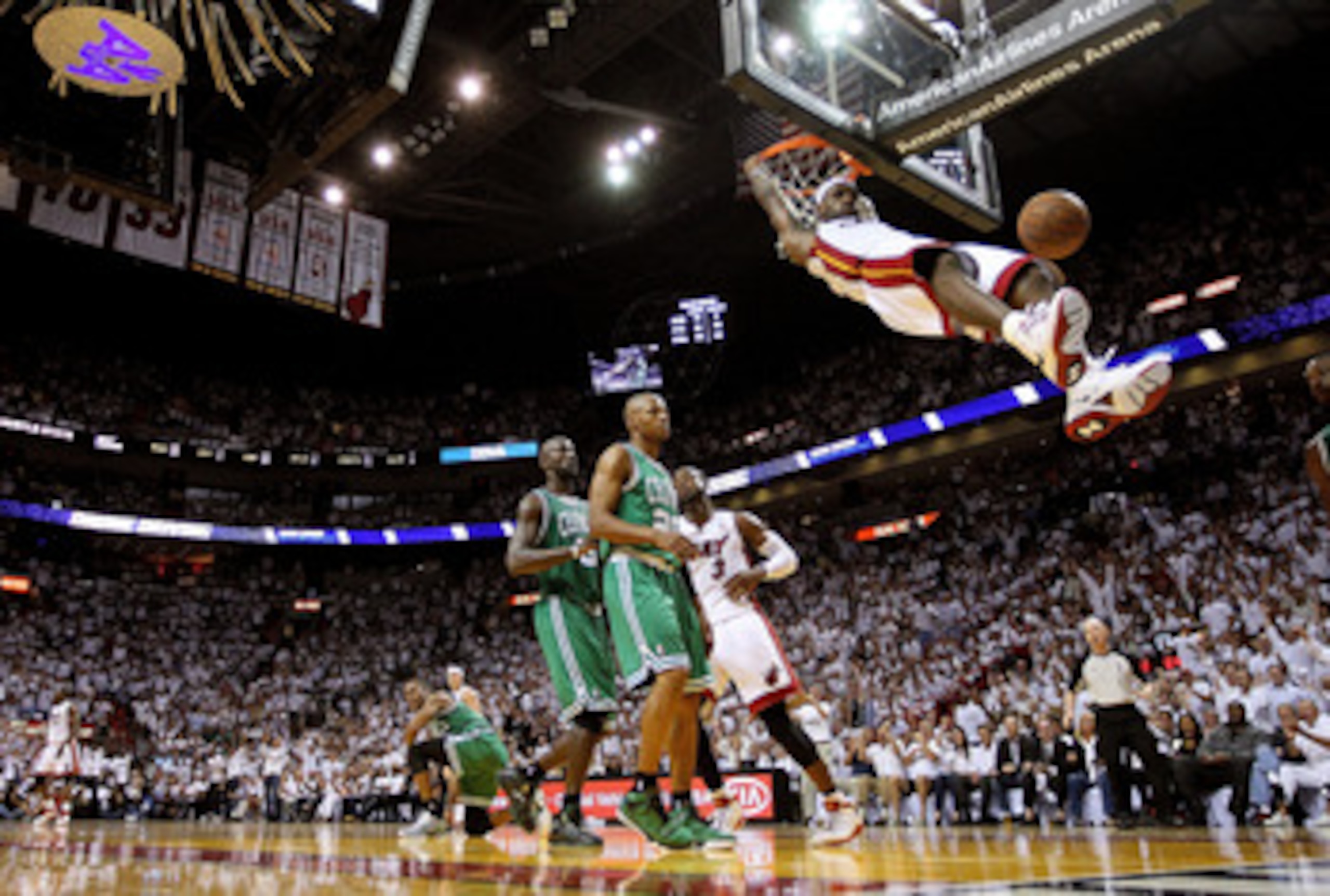 MIAMI, FL - MAY 03:  LeBron James #6 of the Miami Heat dunks over Ray Allen #20 and Kevin Garnett #5 of  the Boston Celtics during Game Two of the Eastern Conference Semifinals of the 2011 NBA Playoffs at American Airlines Arena on May 3, 2011 in Miami, F