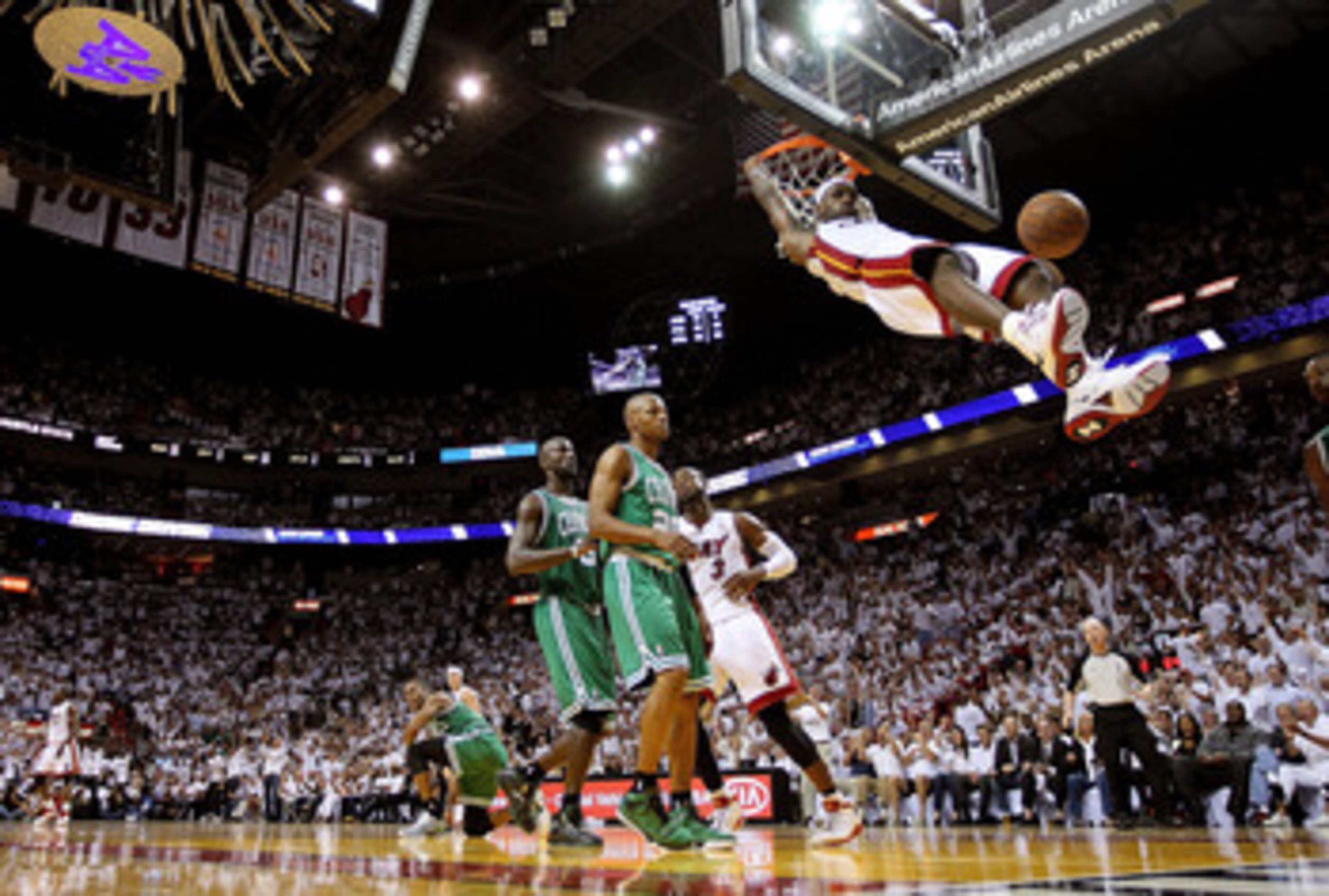 MIAMI, FL - MAY 03: LeBron James #6 of the Miami Heat dunks over Ray Allen #20 and Kevin Garnett #5 of the Boston Celtics during Game Two of the Eastern Conference Semifinals of the 2011 NBA Playoffs at American Airlines Arena on May 3, 2011 in Miami, F MIAMI, FL - MAY 03: LeBron James #6 of the Miami Heat dunks over Ray Allen #20 and Kevin Garnett #5 of the Boston Celtics during Game Two of the Eastern Conference Semifinals of the 2011 NBA Playoffs at American Airlines Arena on May 3, 2011 in Miami, F